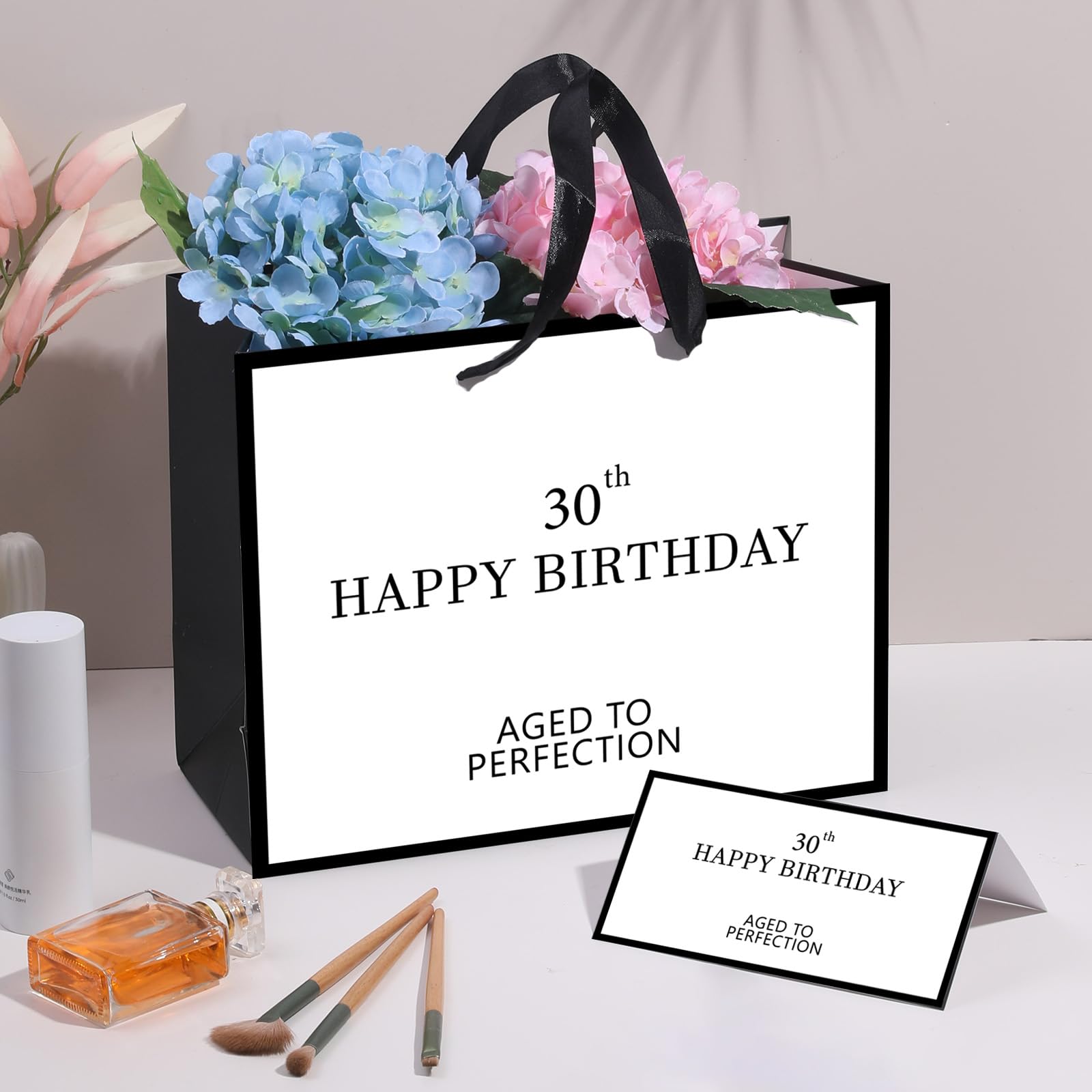 Geschenktüte Zum 30. Geburtstag – Groß, 24x32x10 Cm, Mit Karte, Seidenpapier, Metallischem Druck (schwarz/weiß)
