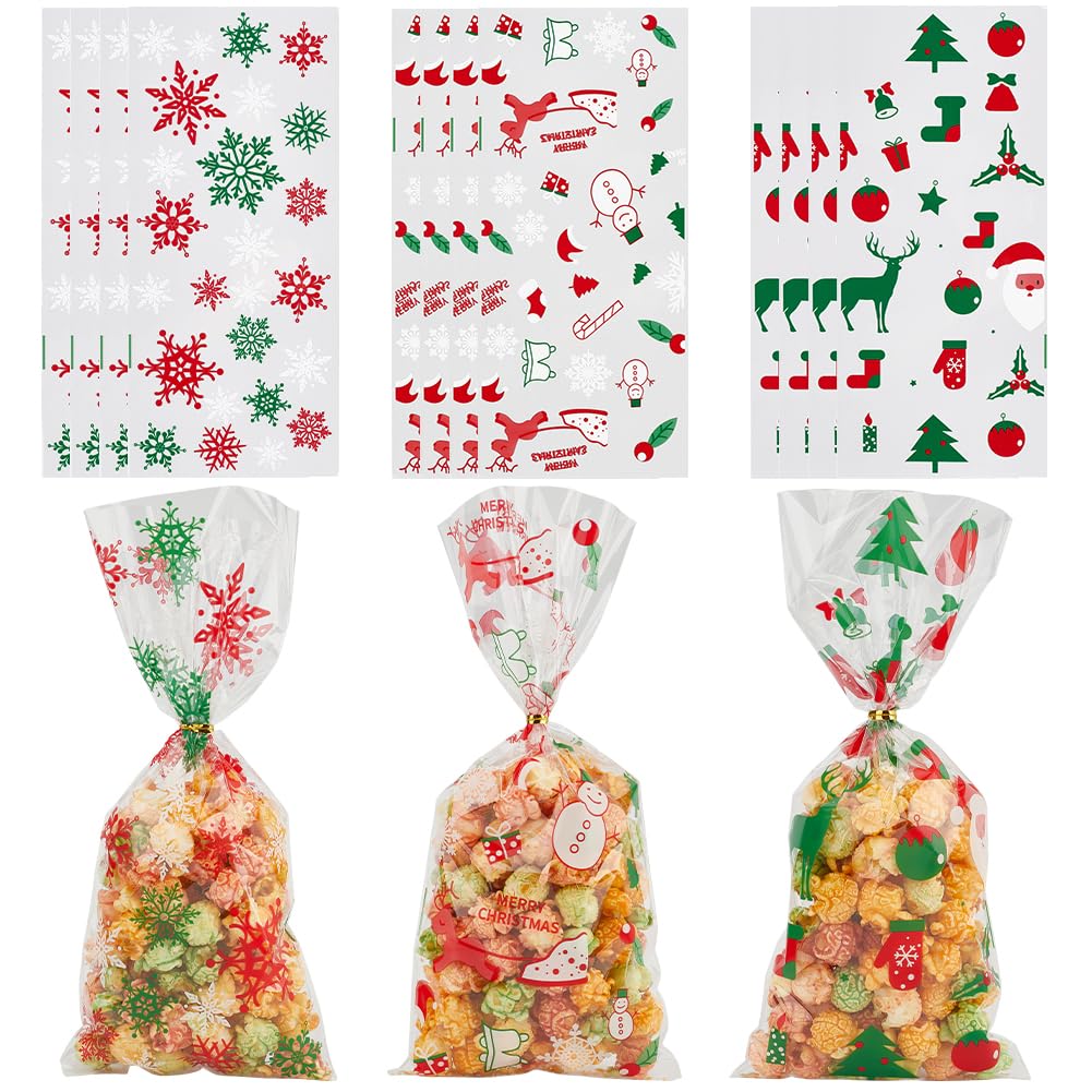 GORGECRAFT 3 Styles 120PCS Christmas Treat Bags Cellophane Candy Gift Bag Clear Snowflake Christmas Tree Snowman Deer Twist Ties Candy Cookie Goodies Cello Wrap for Xmas Party Favors Supplies