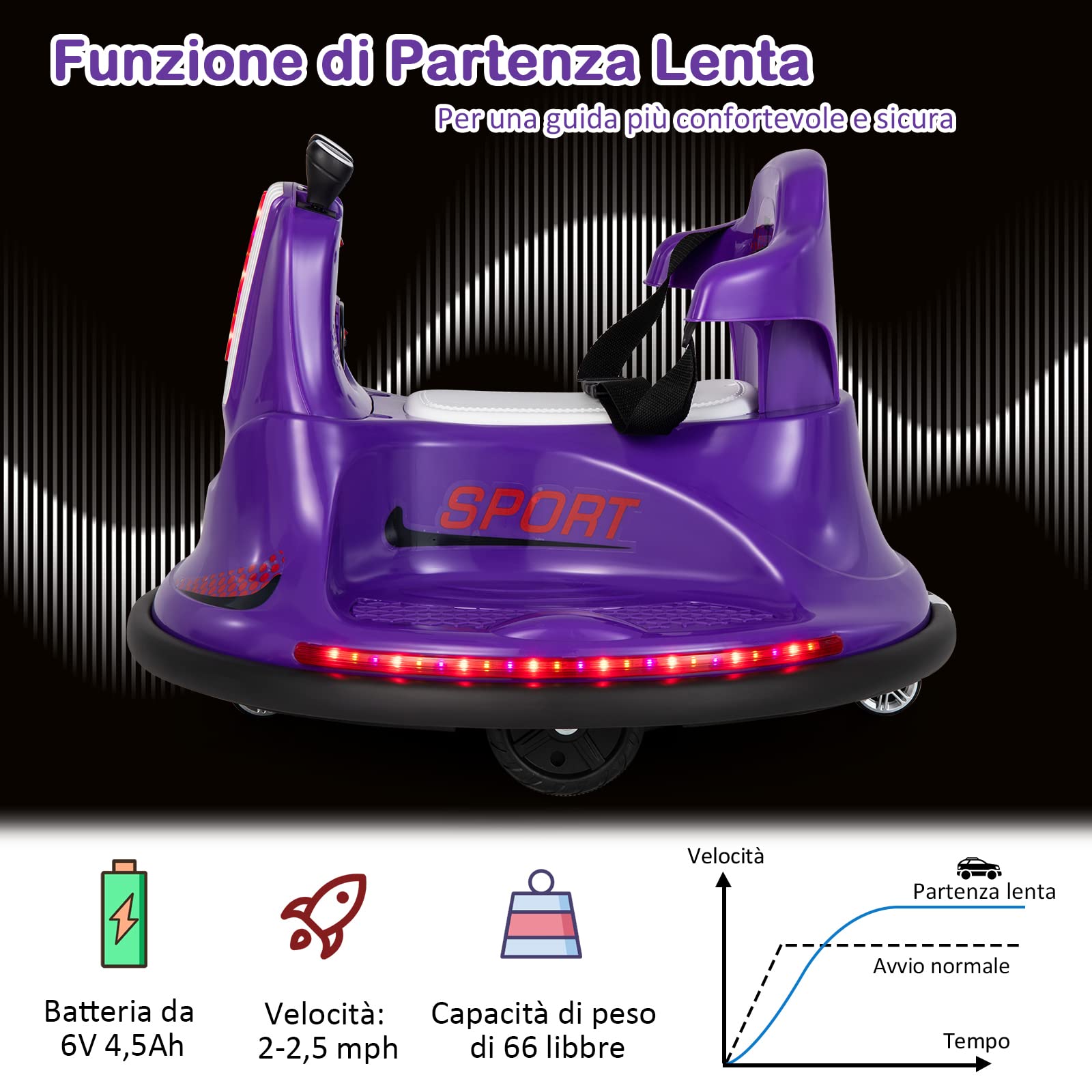 COSTWAY 6V Autoscontro Elettrico per Bambini, Veicolo Elettrico con Telecomando, Girevole a 360°, Luci LED Colorate e Cintura di Sicurezza Regolabile, 37-95 Mesi (Viola)