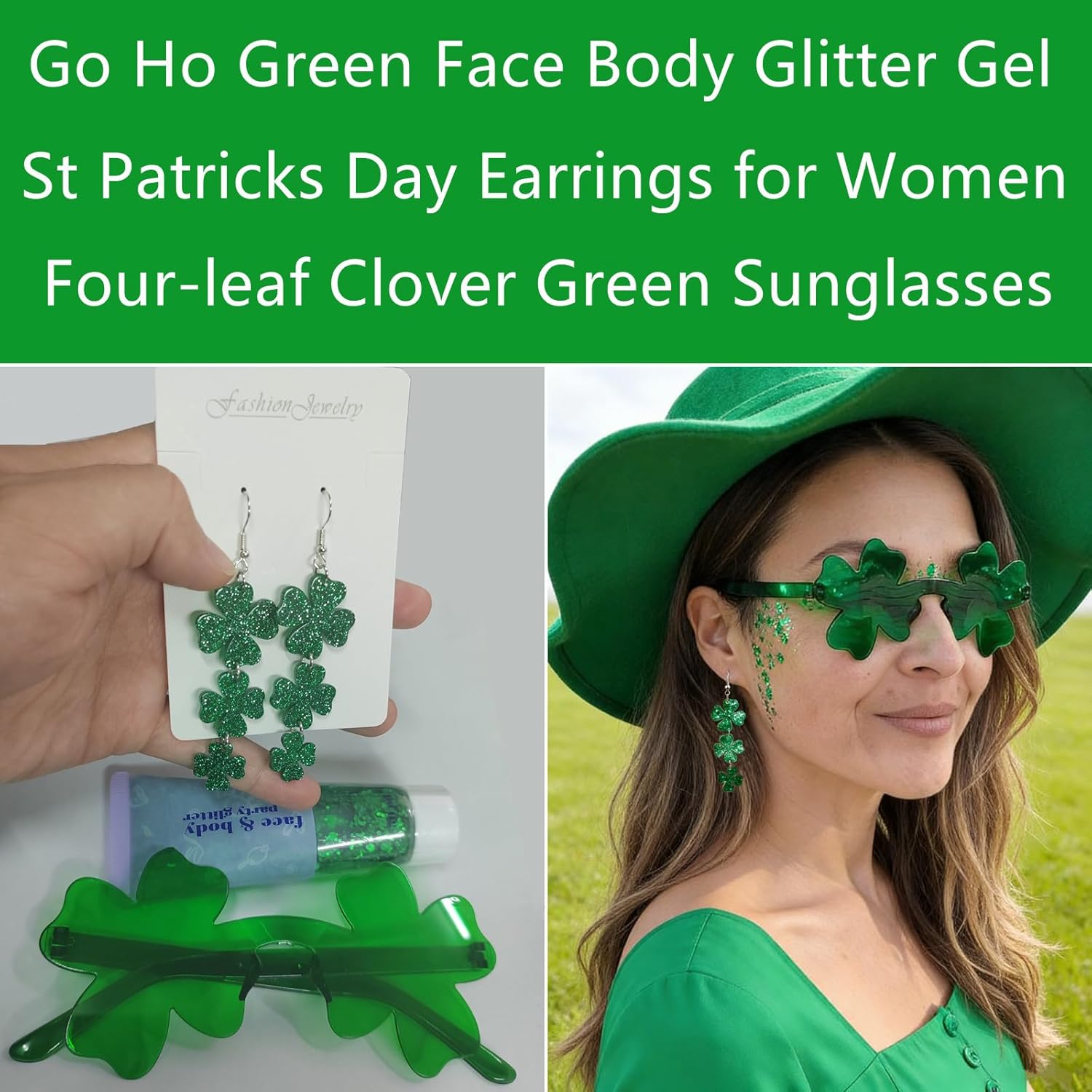 Go Ho St Patricks Day Earrings for Women,Green Face Body Glitter Gel and Four-Leaf Clover Green Sunglasses Set,St. Patrick's Day Accessories Shirt Outfit Decorations Supplies - Image 3