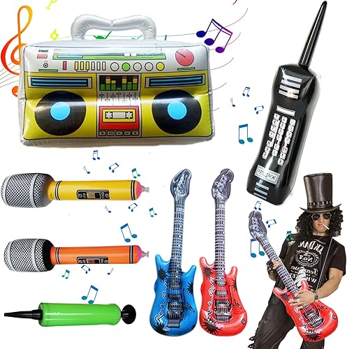 Decoraciones de fiesta temática de los años 80 y 90, incluye una caja de auge, teléfono celular inflable, 2 micrófonos, 2 guitarras inflables y una