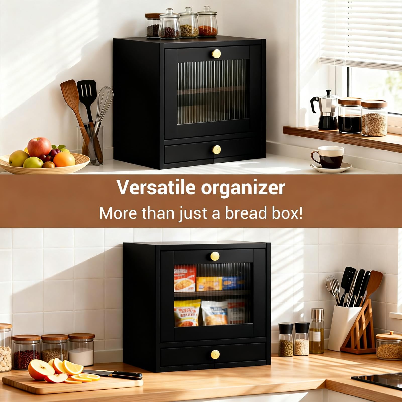 GarveeHome Brotkasten Holz, 36,8 x 24 x 36 cm Groß Brotbox mit Schublade zur Aufbewahrung von Geschirr, Küche Brotaufbewahrung mit Acrylglasfenster für Brot Längere Frische & Einfache Pflege