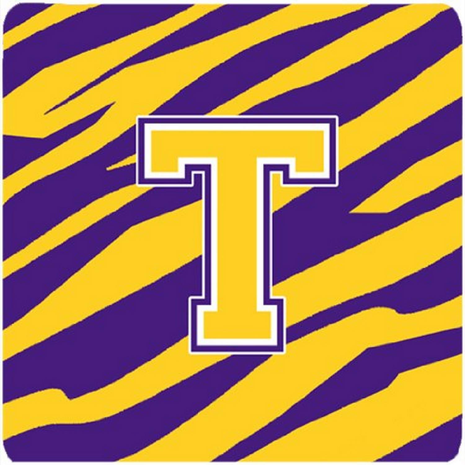 Caroline's TreasuresCaroline's Treasures Monogram-Initial T Tiger Stripe-Purple Gold Foam Coasters (Set of 4), 3.5" H x 3.5" W, Multicolor
