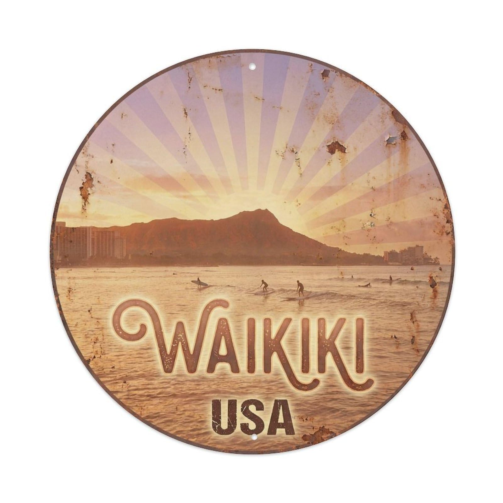 Waikiki Hawaii Surf Coast Beach Destination Metal Tin Sign