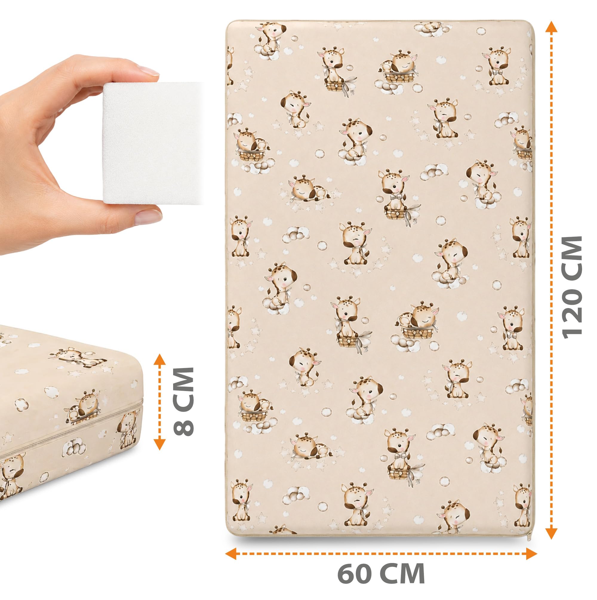 materac dziecięcy do łóżeczka bawełna żyrafy na beżowym tle 60x120x8 t-1830