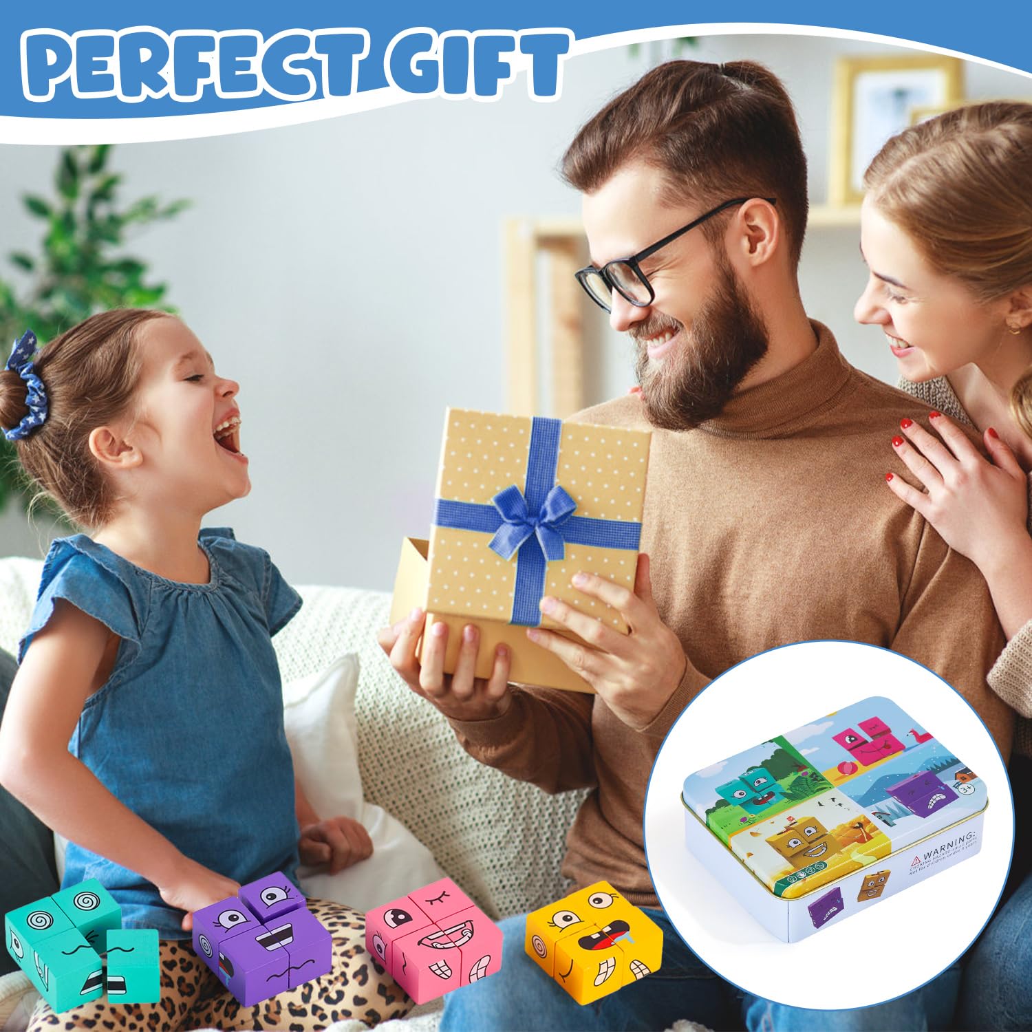 Drewniane puzzle w kształcie kostki, do wyrażania, drewniane kostki, twarze, puzzle, kostka budowlana, 3D, Face Changing, Magic Cube, gra dla dzieci 3, 4, 5, 6, 7, z dzwonkiem stołowym