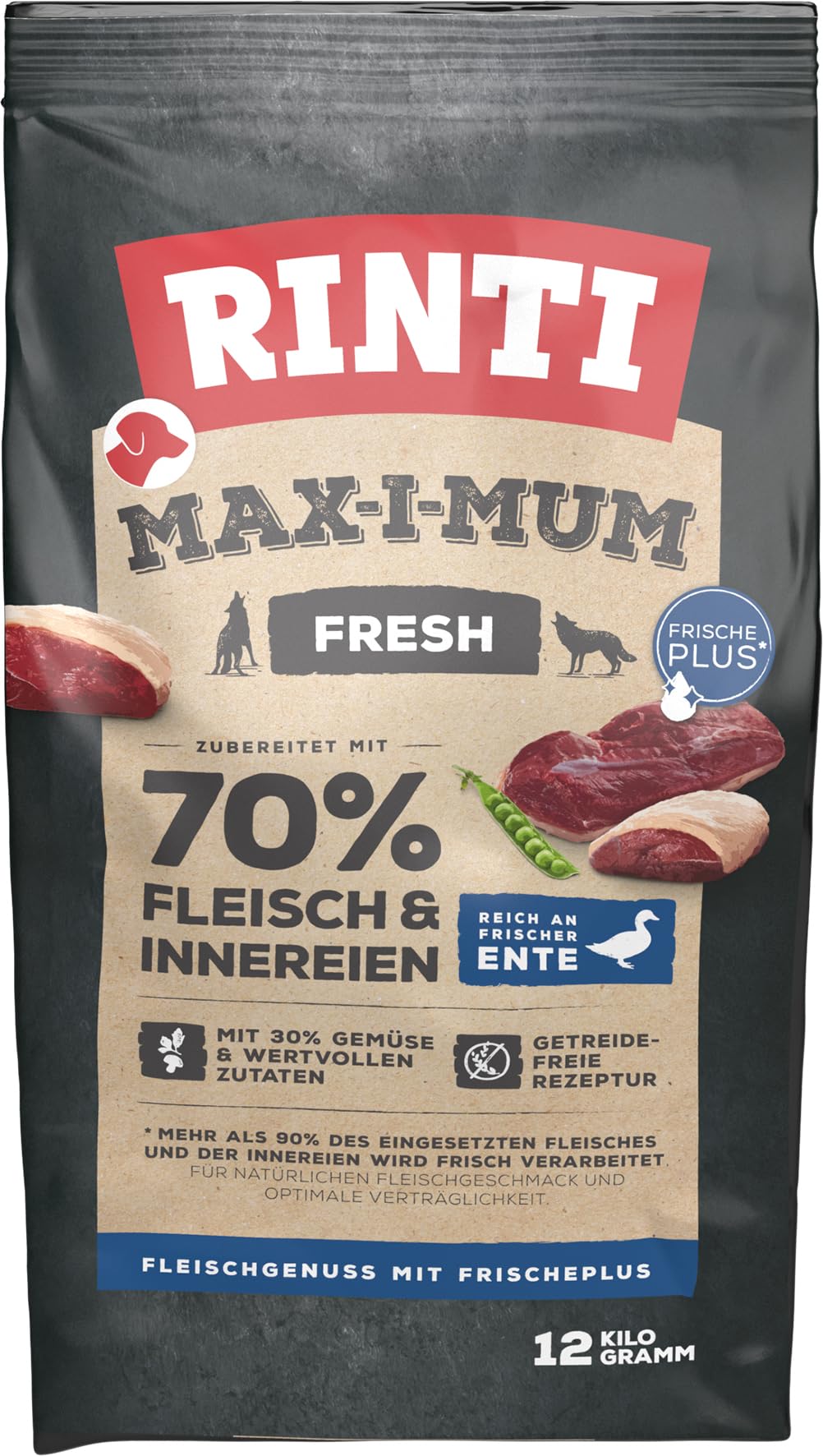 RINTI - Max-i-Mum | Trockenfutter für ausgewachsene Hunde mit 70% Fleisch & Innereien. Getreidefreies Alleinfutter im Beutel mit ausgewogenem Protein-/Fett-Verhältnis | 12kg Ente