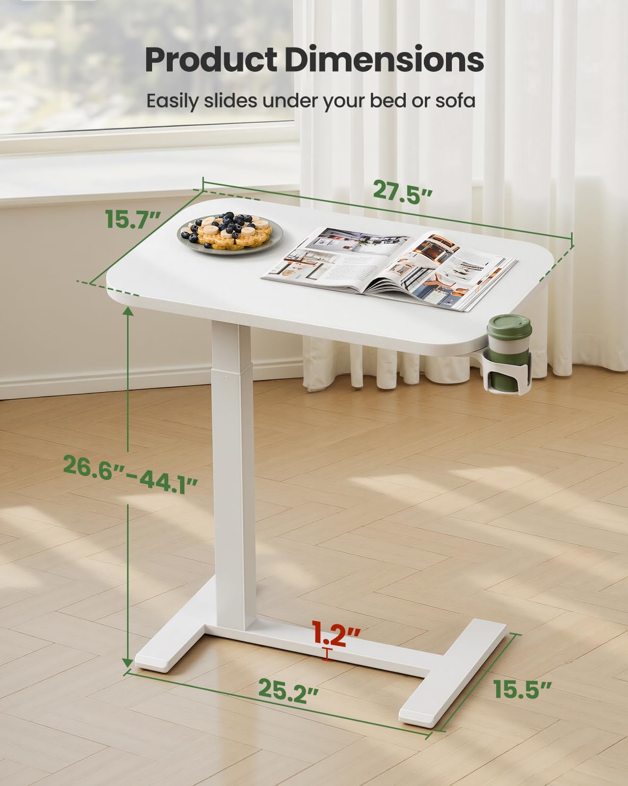 Marsail 28×16" Overbed Table with Wheels and 360° Cup Holder, Height-Adjustable Pneumatic Bedside Table, Mobile Computer Standing Desk for Home Office, White