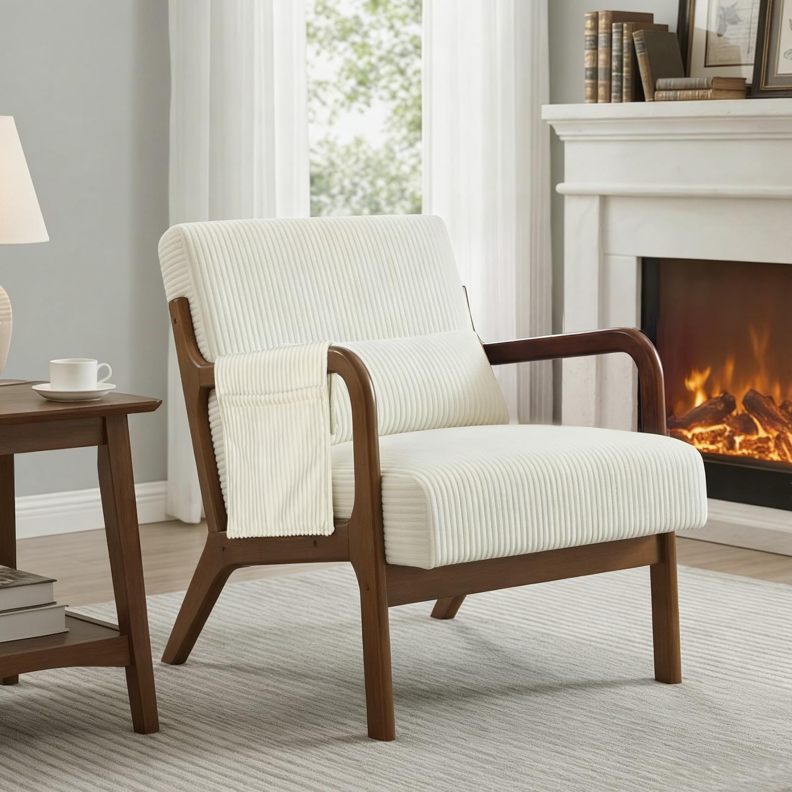 Photo 1 of DUMOS Accent Chairs Set of 2, Mid Century Modern Accent Chair with Lumbar Pillow and Solid Wood Frame, Upholstered Armchair Reading Chair for Living Room, Bedroom, Beige