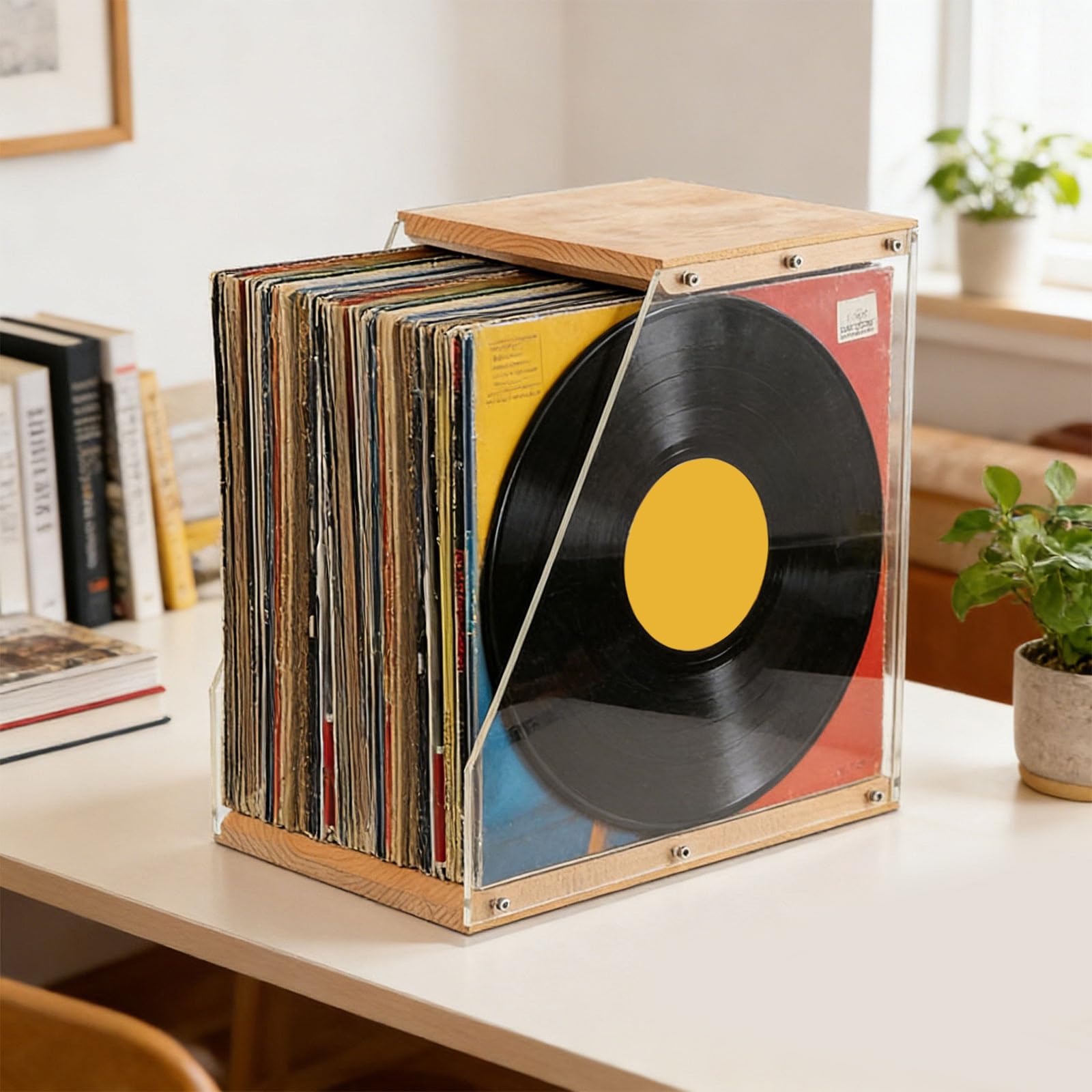 Portadischi per vinili capacità, pannelli laterali in legno e acrilico trasparente, contenitore per album e display, regalo per appassionati musica