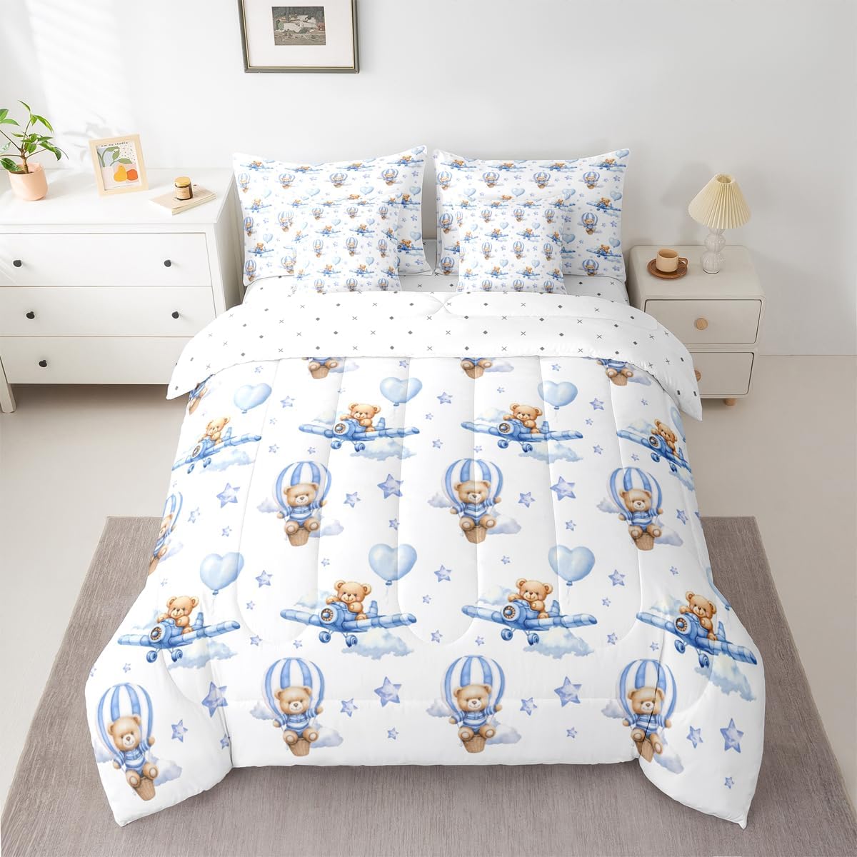 jejeloiu Baby Bear Comforter Set with Sheets 7 Piece Queen Size Blue Bear Bed in a Bag Kids Boys Girls Hot Air Bedding Set Star Design Bedroom Decor Cute Breathable Soft Lightweight Microfiber