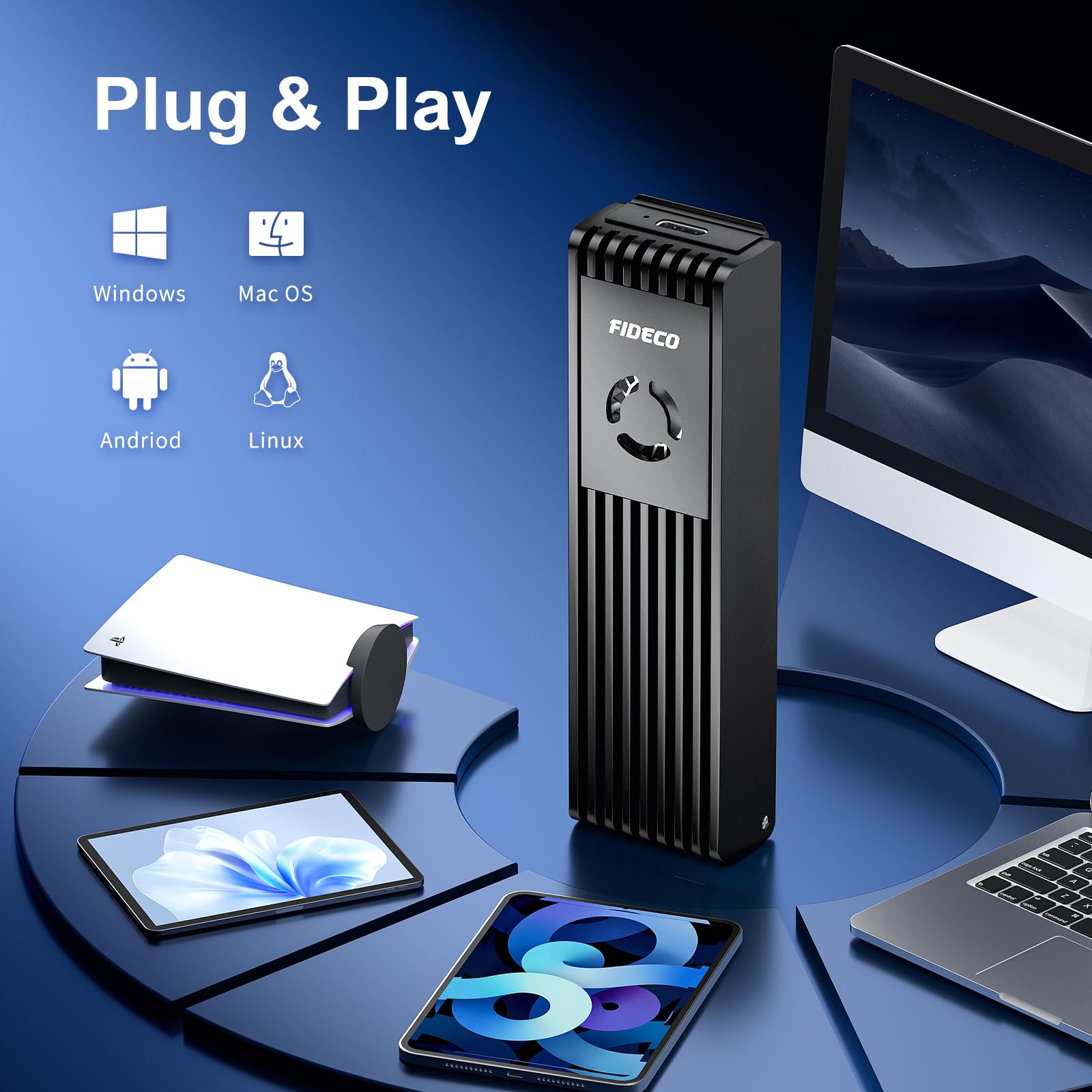 FIDECO Case SSD NVMe SATA M.2, Adattatore NVMe USB con Ventola, 10Gbps USB 3.2 Gen 2 per NVMe PCIe M-Key/M+B Key, Supporto UASP e TRIM, Installazione senza Attrezzi, Alluminio, Nero