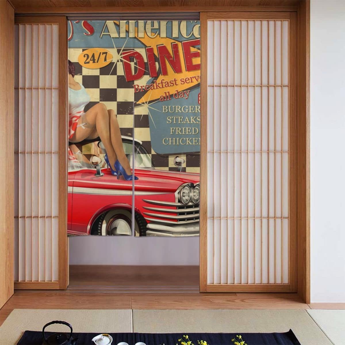 Amazon｜のれん カーテン レトロな車とピンナップガールとアメリカン