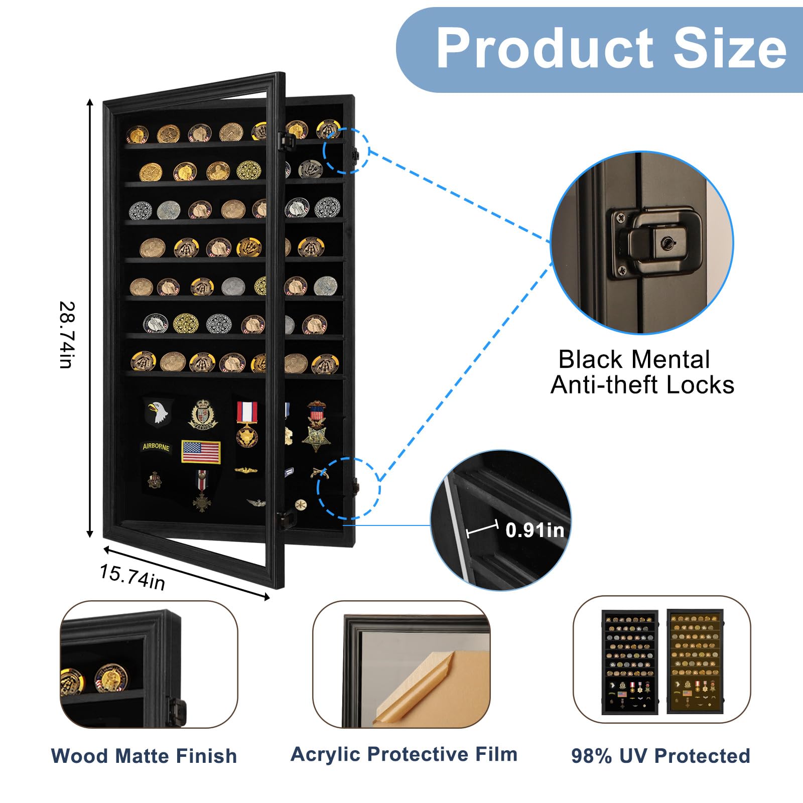 Verani Medaillen-Vitrine – Militärische Herausforderung Münzdisplay Shadow Box – Pin-Vitrine mit herausnehmbaren Regalen und ansteckbarem Hintergrund für Abzeichen, Bänder, Insignia-Knöpfe, Overized | Militärveteranen, Servicemitglieder, Münz- und Nadelsa