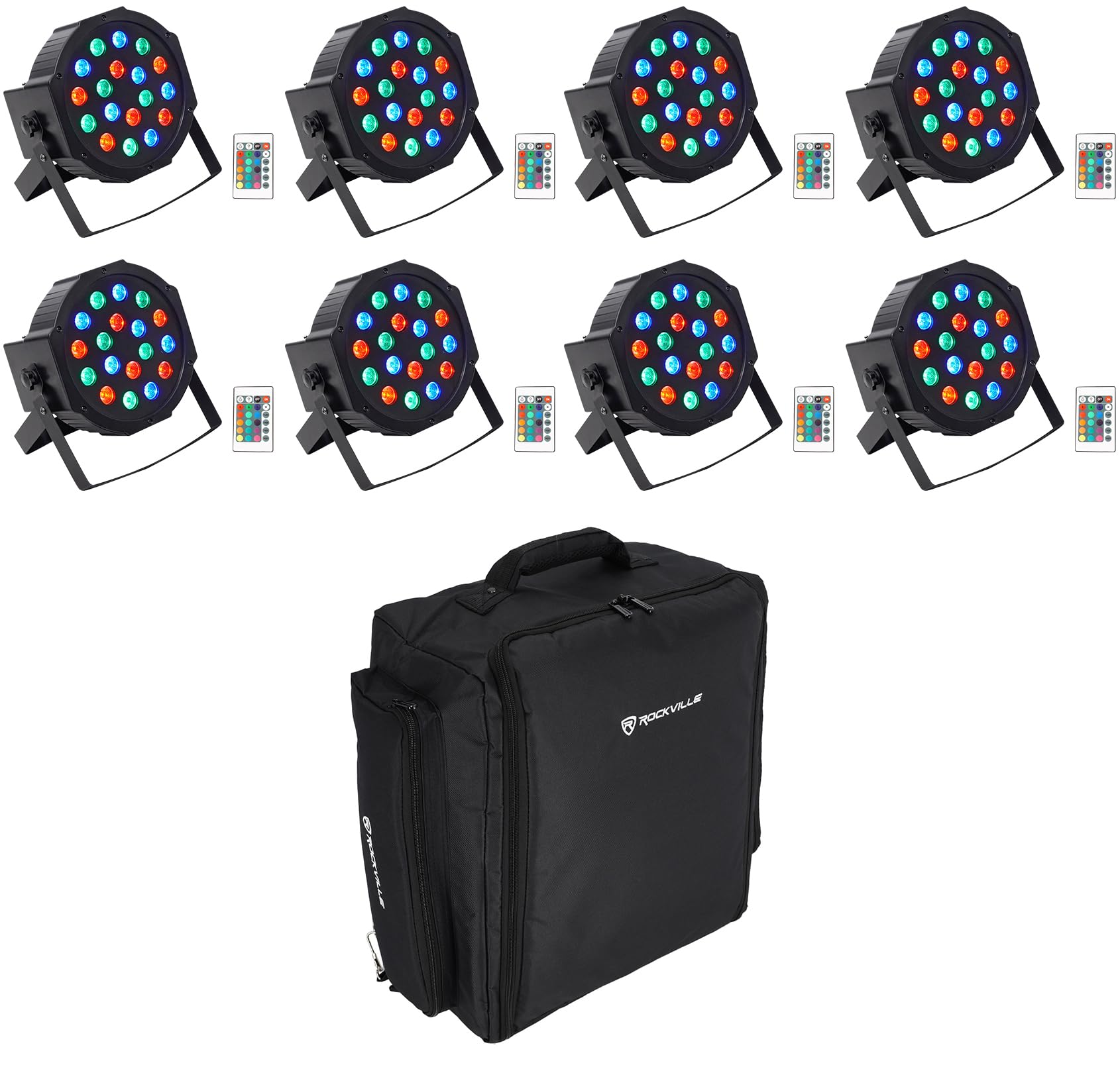 (8) Rockville Battery PAR 50 Rechargeable DJ DMX Wash Up-Lights+Remote+Backpack