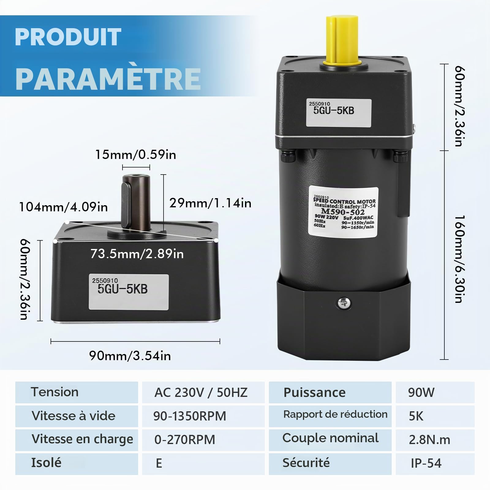 MXBAOHENG 90W Moteur à engrenages avec vitesse réglable Moteur électrique 220V AC Moteur monophasé à couple élevé et variateur de vitesse (sous-transmission 5K)