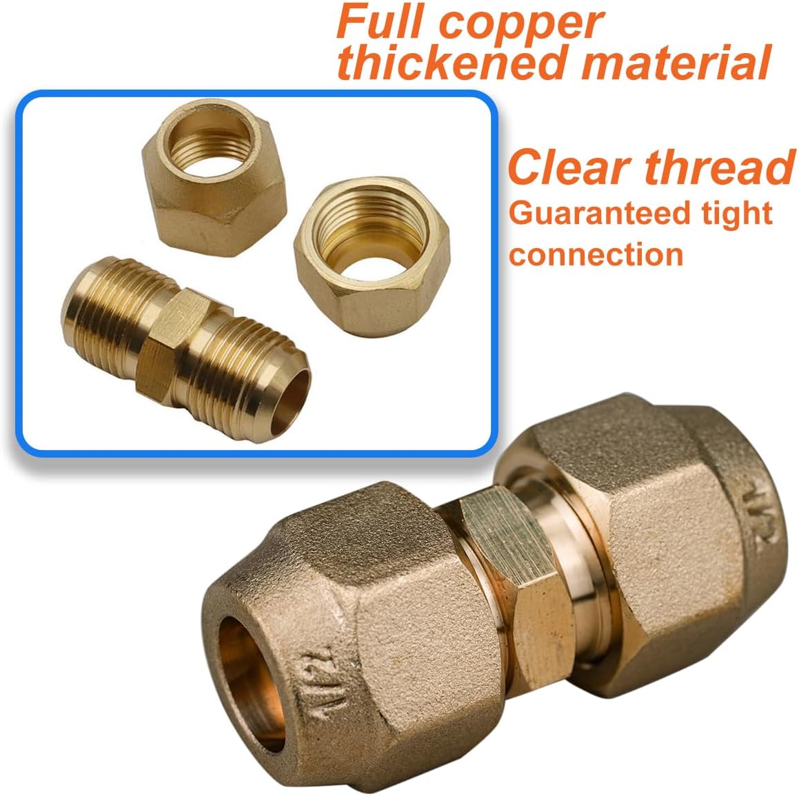 2 Pieces Air Conditioning Copper Pipe Extension Connectors Brass Flare Fitting Nuts 1/2" Butt Copper Tube Fitting with Flare Nut