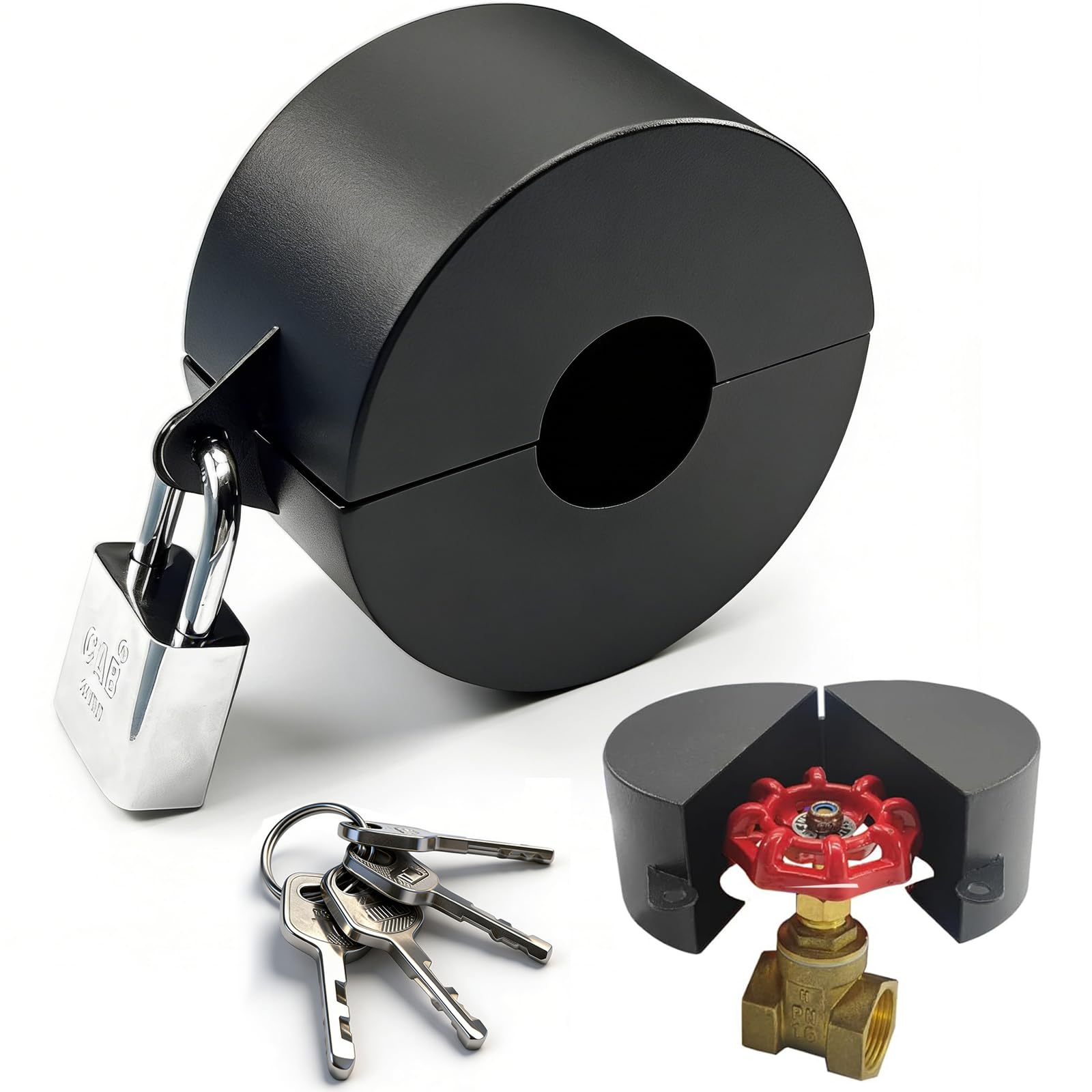 Gate Valve Locking Device - Outdoor Faucet Lock, Water Spigot Lock, 1-1/2 to 3 in Dia Valve Handles, Prevent Theft (Black)