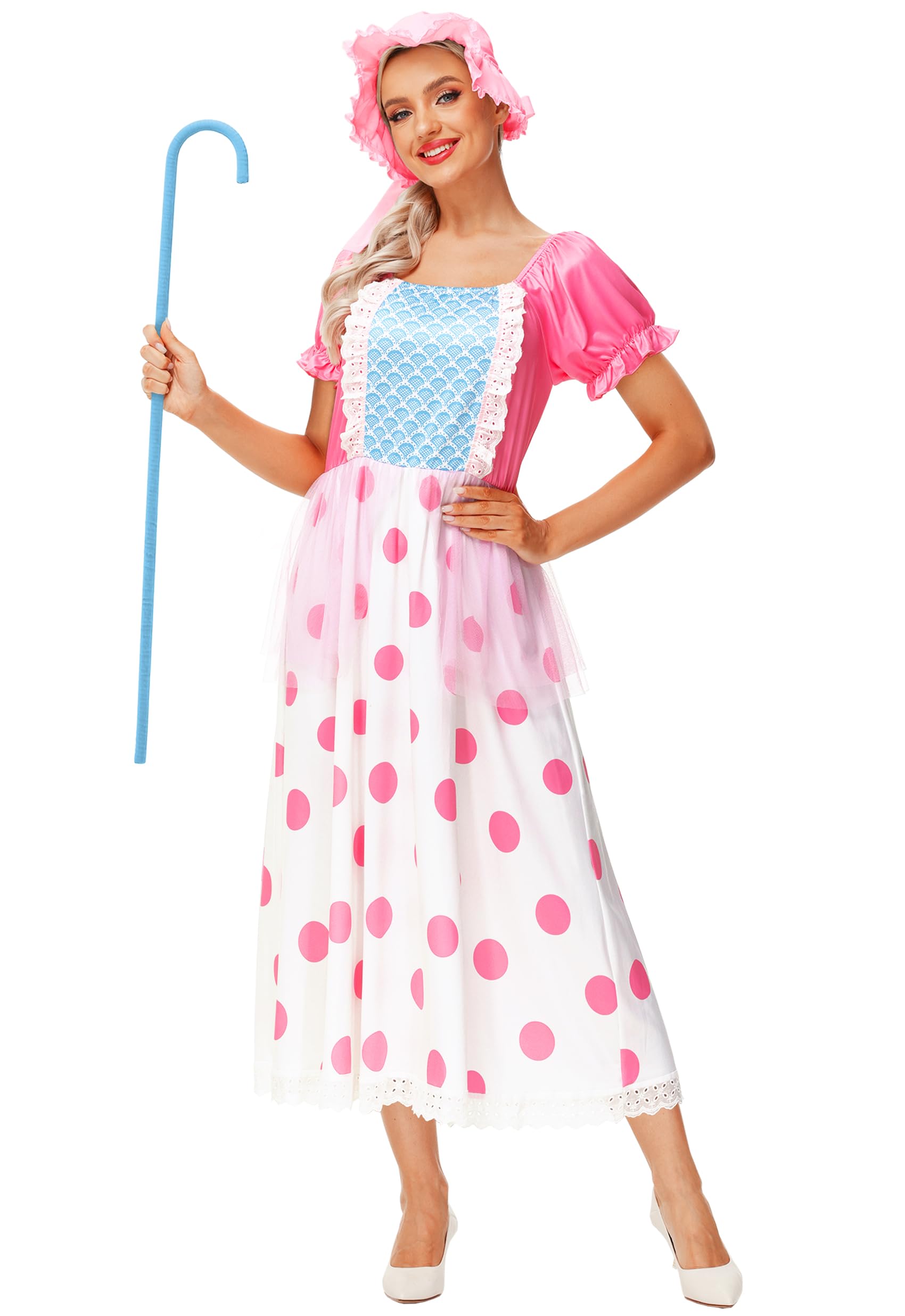 Remimi Women's Bo Pep Costume Halloween Pink Polka Dot Shepherdess Dress