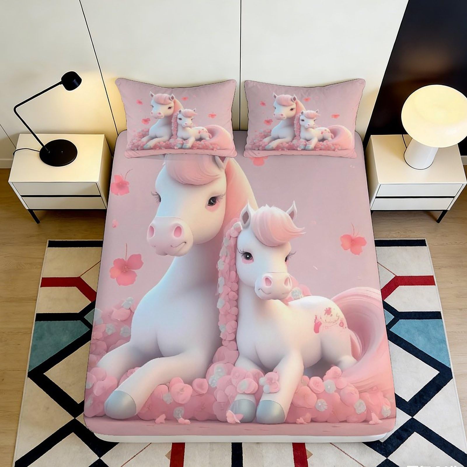 3D Printed Pink Unicorn Fitted Sheet Microfiber Soft Breathable Cute Horse Bed Sheet 3D Printed Floral Mattress Cover for Bedroom Dormitory Guest Room 160x200x25cm