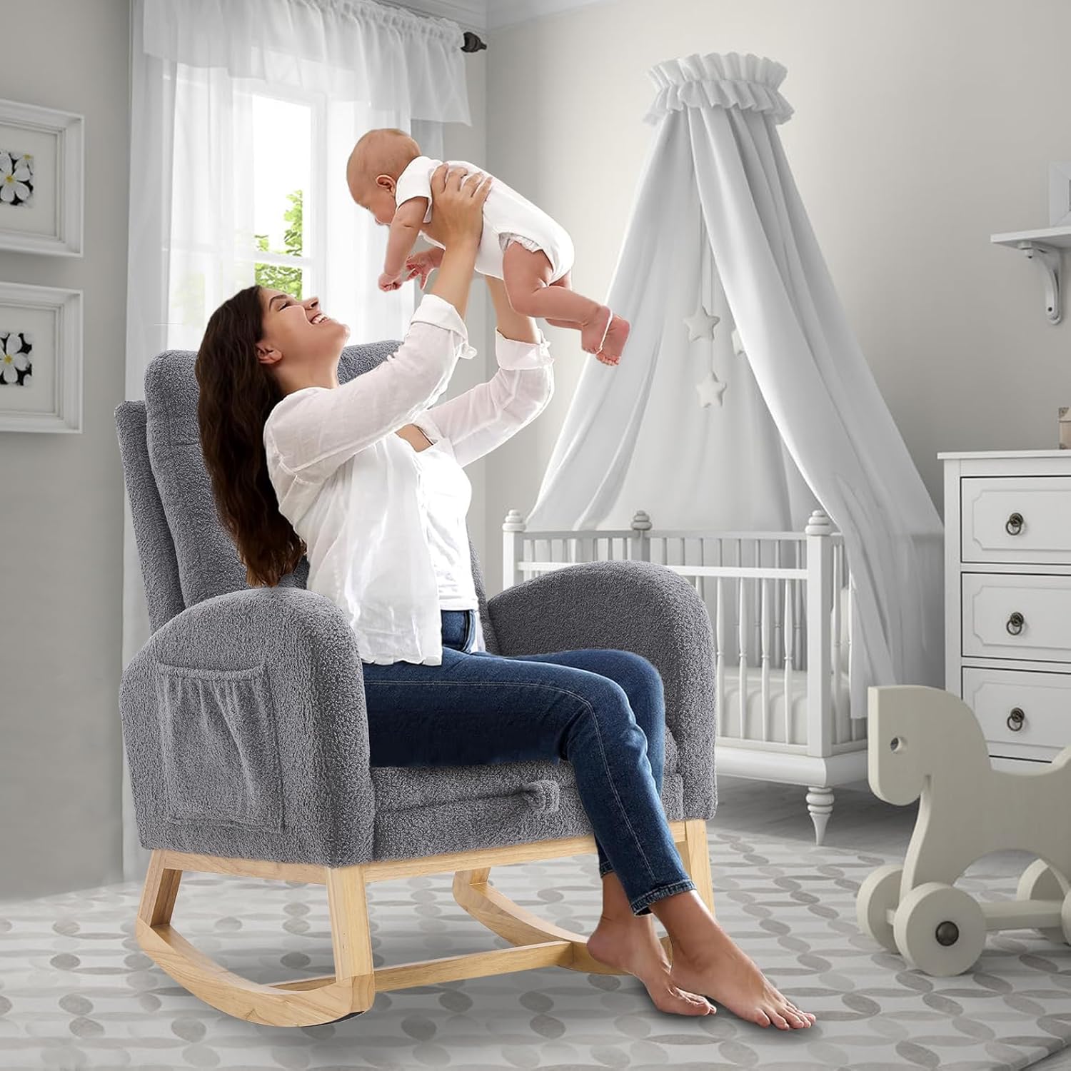cinkehome Nursery Rocking Chair with Retractable Foot Rest, Teddy Glider Rocking Chair, Mid Century Rocker Chair, High Back, Solid Wood Legs