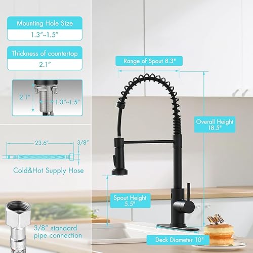 Vista 79 de GIMILI Grifo de cocina de oro cepillado con dispensador de jabón, grifos de fregadero de cocina extraíble con resorte de una sola manija con Dorado