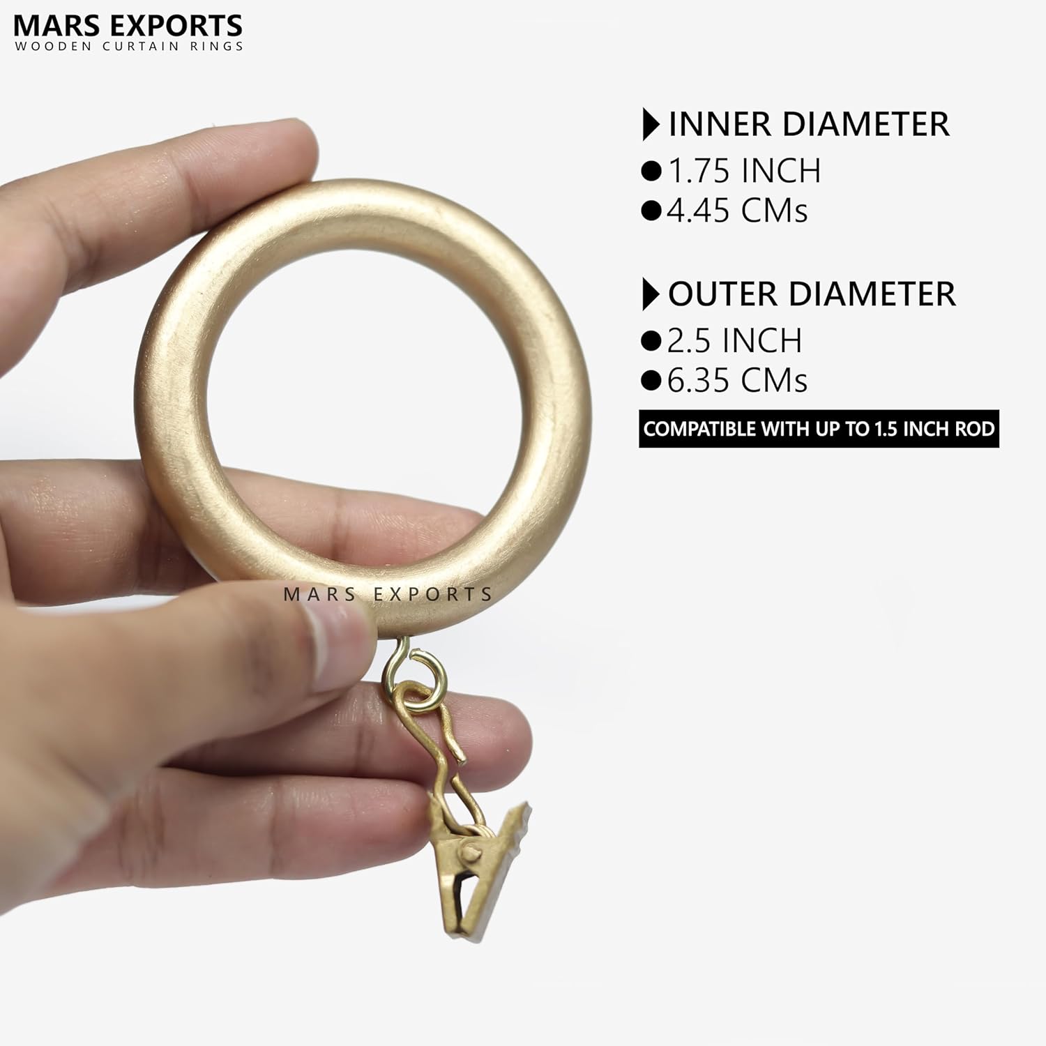 12 Pieces Curtain Rings with Clips Wooden for 1-1.5 inch Rod, Window Shower Curtain Hooks, Golden Curtain Rod Rings with Clips, Wood Curtain Rings with Eyelet, Drapery Rings. (1.75 Inner Dia) (12)