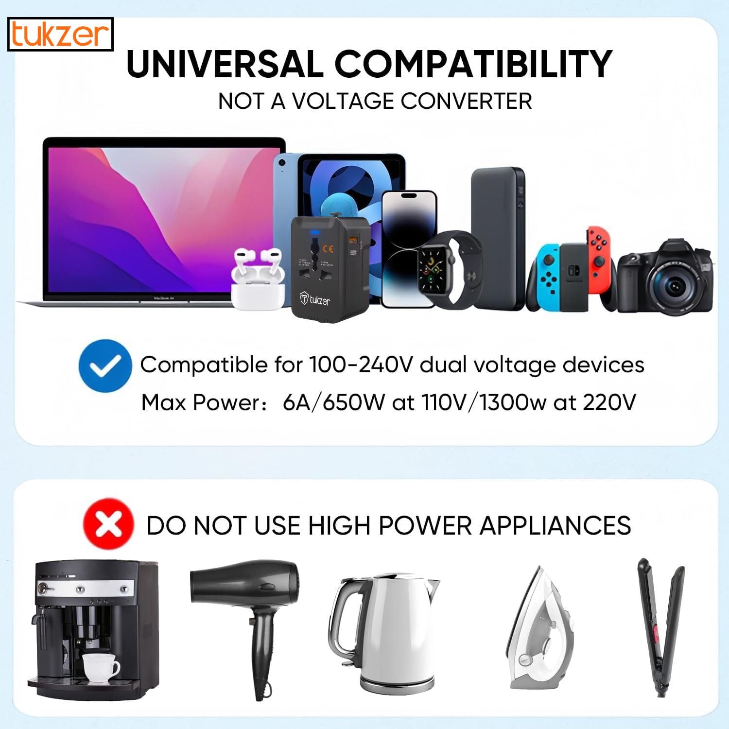 Tukzer Universal Travel Adapter with 20W Type C PD & 18W USB-A Output Port, Universal Plug Socket, All in One International Travel Fast Charging Adapter for Laptop/MacBook & Mobile Charging- Black — Amazon image 5