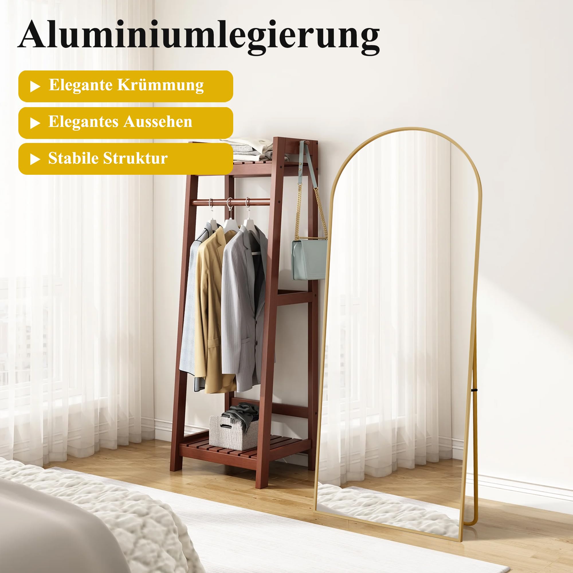Ganzkörperspiegel, 177x 77cm Gewölbter Standspiegel Groß in Voller Länge, Wandspiegel mit Aluminiumlegierung Rahmen und Bruchsichere Glas, Bodenspiegel für Wohnzimmer, Ankleide, Gold