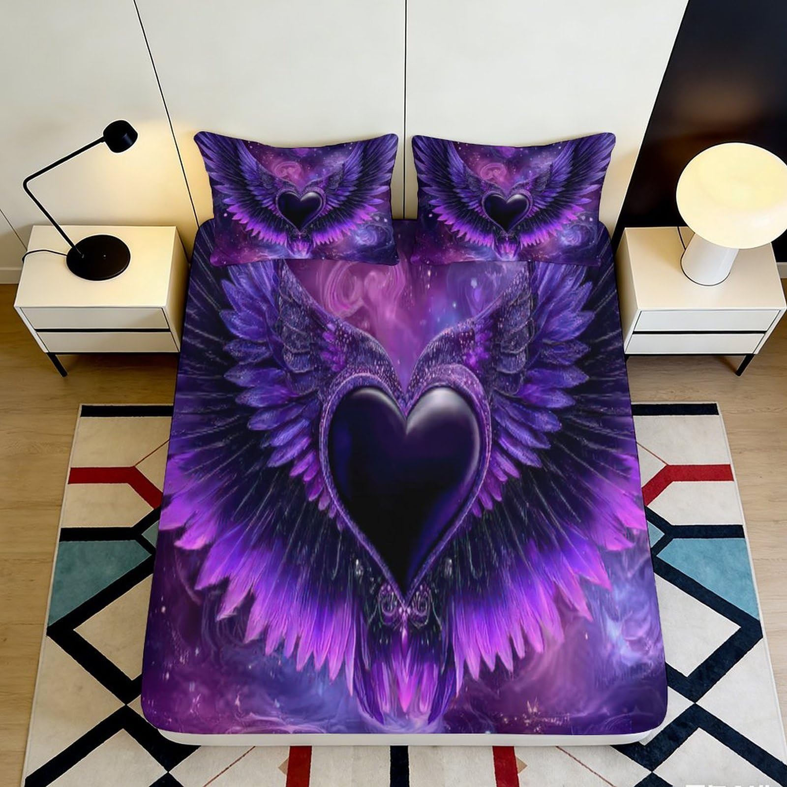 Uxinyoume Style-3 3D Printed Purple Angel Wings Fitted Sheet Microfiber Soft Heart Pattern Mattress Cover For Bedroom Home Decor 90X200x25cm
