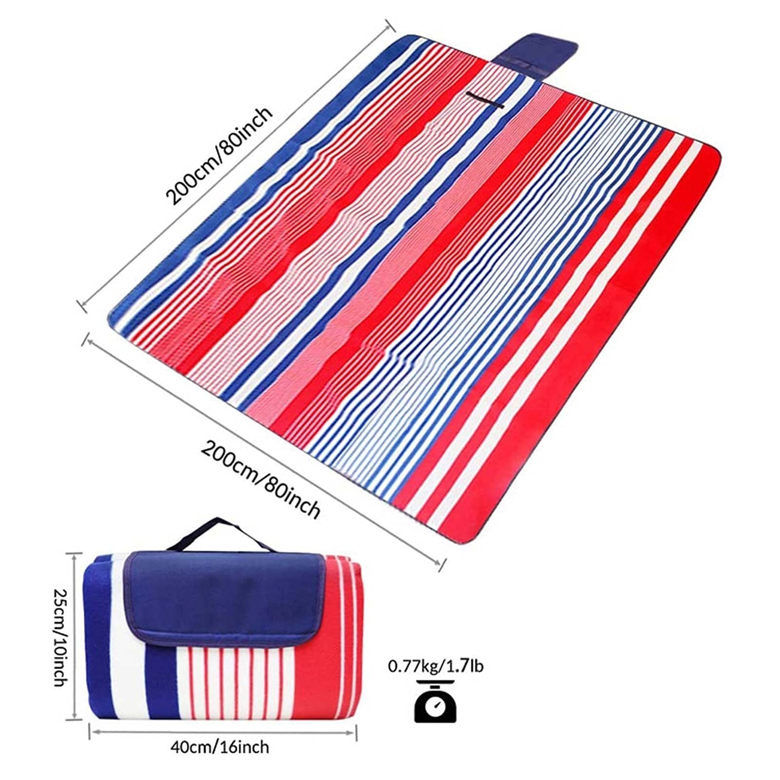 Couverture de Pique-Nique, Tapis de Plage Imperméable, Gand Tapis Pique Niques pour Extérieur Camping Parc (Color : Red Blue Stripe, Size : 200x200cm)