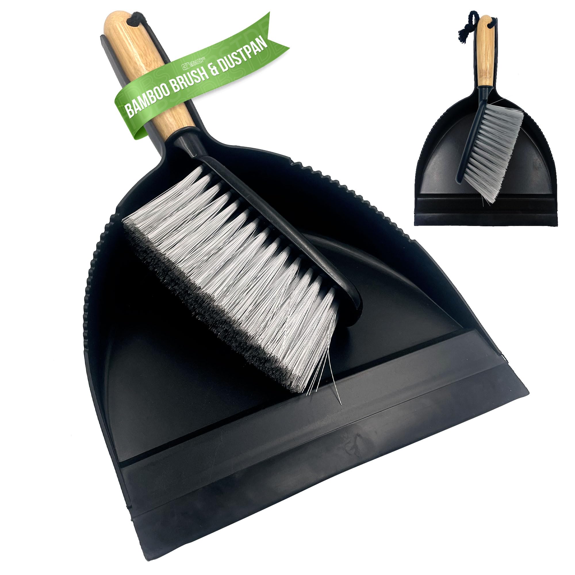 Dustpan and Brush Set with Bamboo Handle - Portable Brush and Dustpan Set with Rubber Lip - Perfect for Cleaning Kitchen, Office, Bathroom, Living Room, Garage, etc