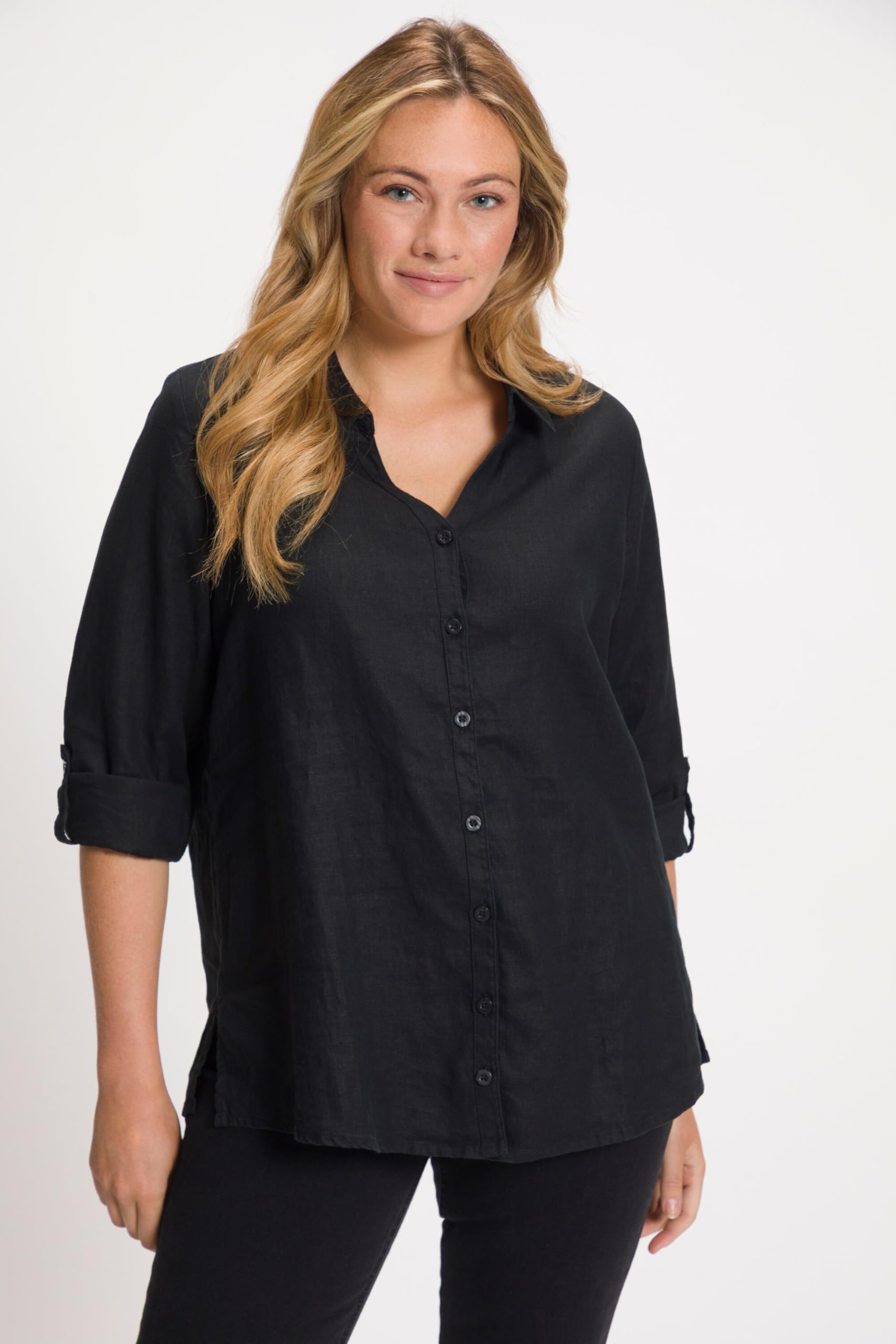 Ulla Popken Blusa in Lino con Colletto Aperto e Maniche Lunghe 794882