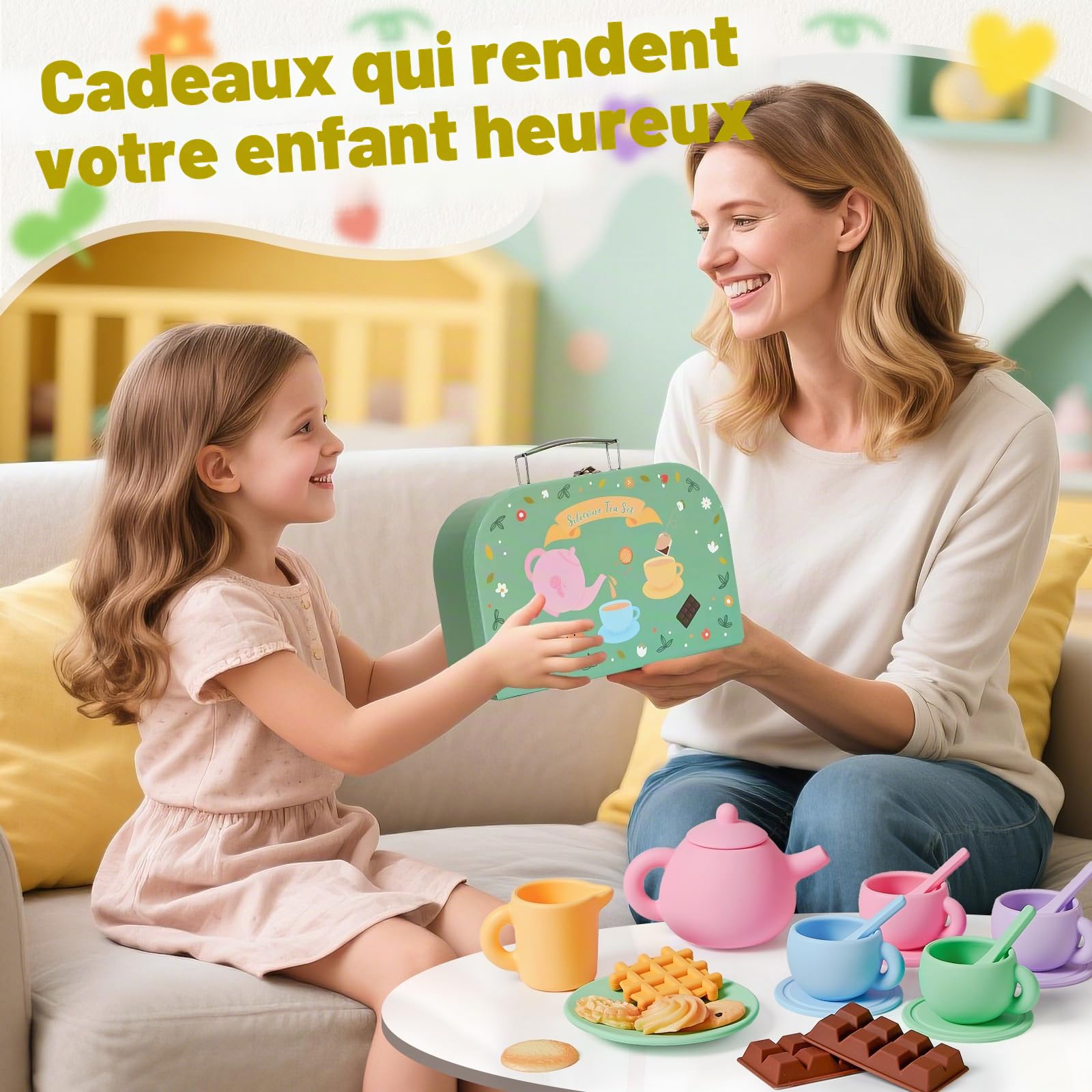 G.C Service à Thé Enfant Silicone, Dinette Enfant 3 4 5 6 Ans avec Silicone Dessert Couverts Couverture Pique-Nique Coffret, Accessoire Cuisine Cadeau Jouet Garcon Fille 3 4 5 6 Ans