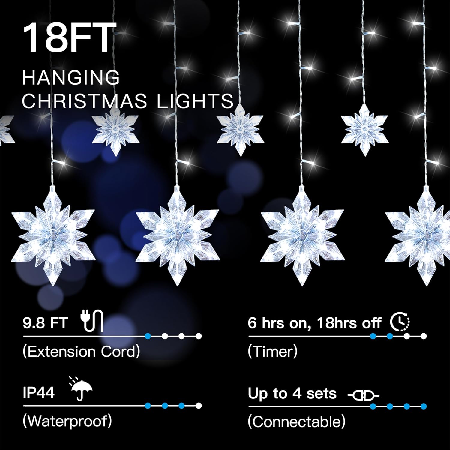 Snowflake Christmas Lights Outdoor, 8.2ft 144 LED Connectable Xmas String Light Plug in, Hanging Icicle Lights for House, Eaves, Outside, Window, Roof, Yard, Fence Decor, White