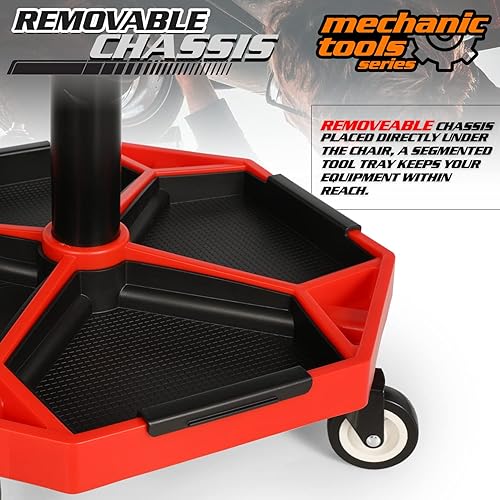 Miniatura 8 de M-AUTO Taburete de garaje móvil neumático con bandeja para equipos y ruedas todo terreno, capacidad de 300 libras, asiento de rodillo mecánico de