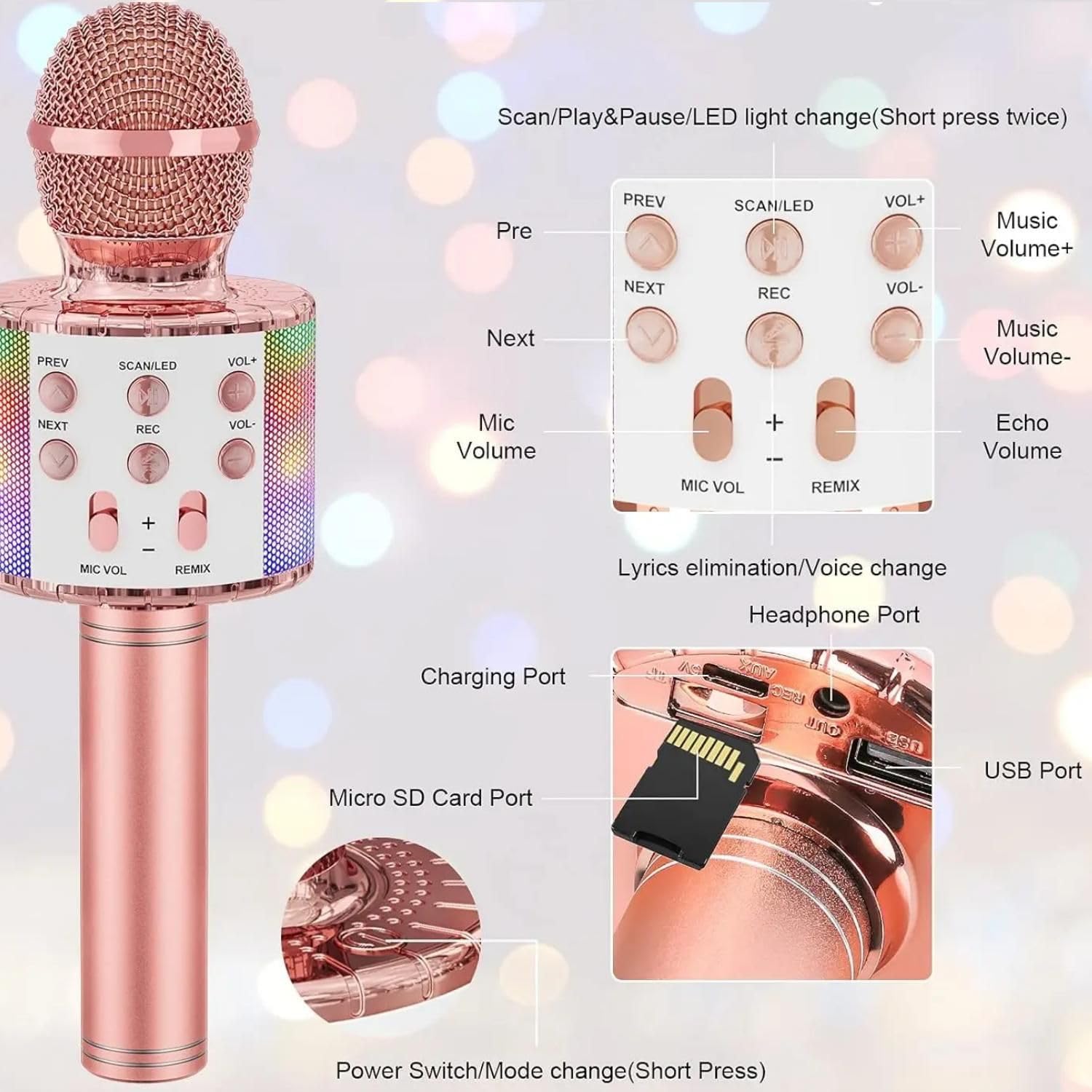 Portable Bluetooth Karaoke Microphone Rose Gold image 2