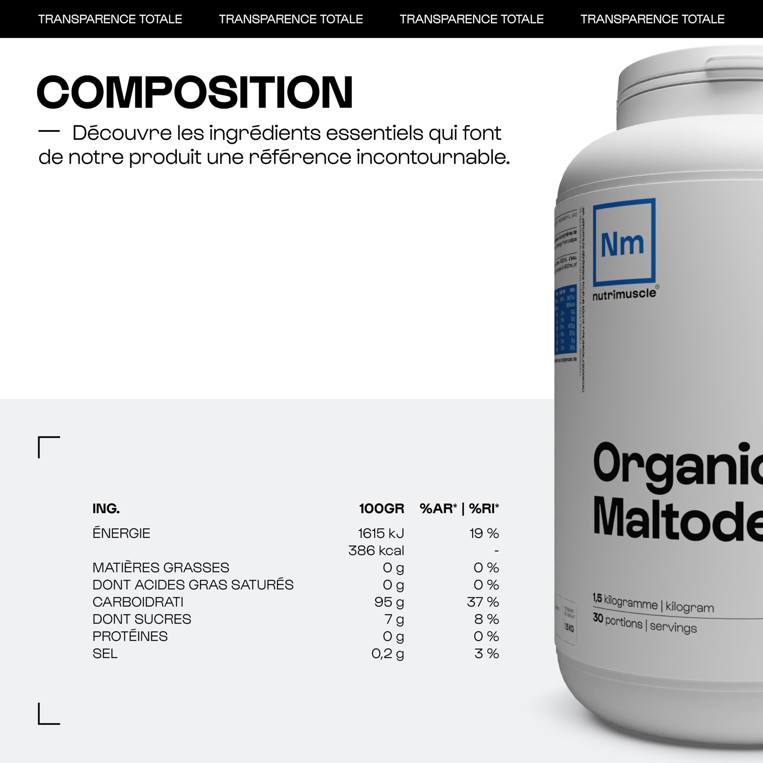 Nutrimuscle Maltodextrine biologique 1.5 kg Nature | Boisson énergétique Intra-workout - Entraînement et Récupération - Energie et Endurance - Efforts longs et Intenses