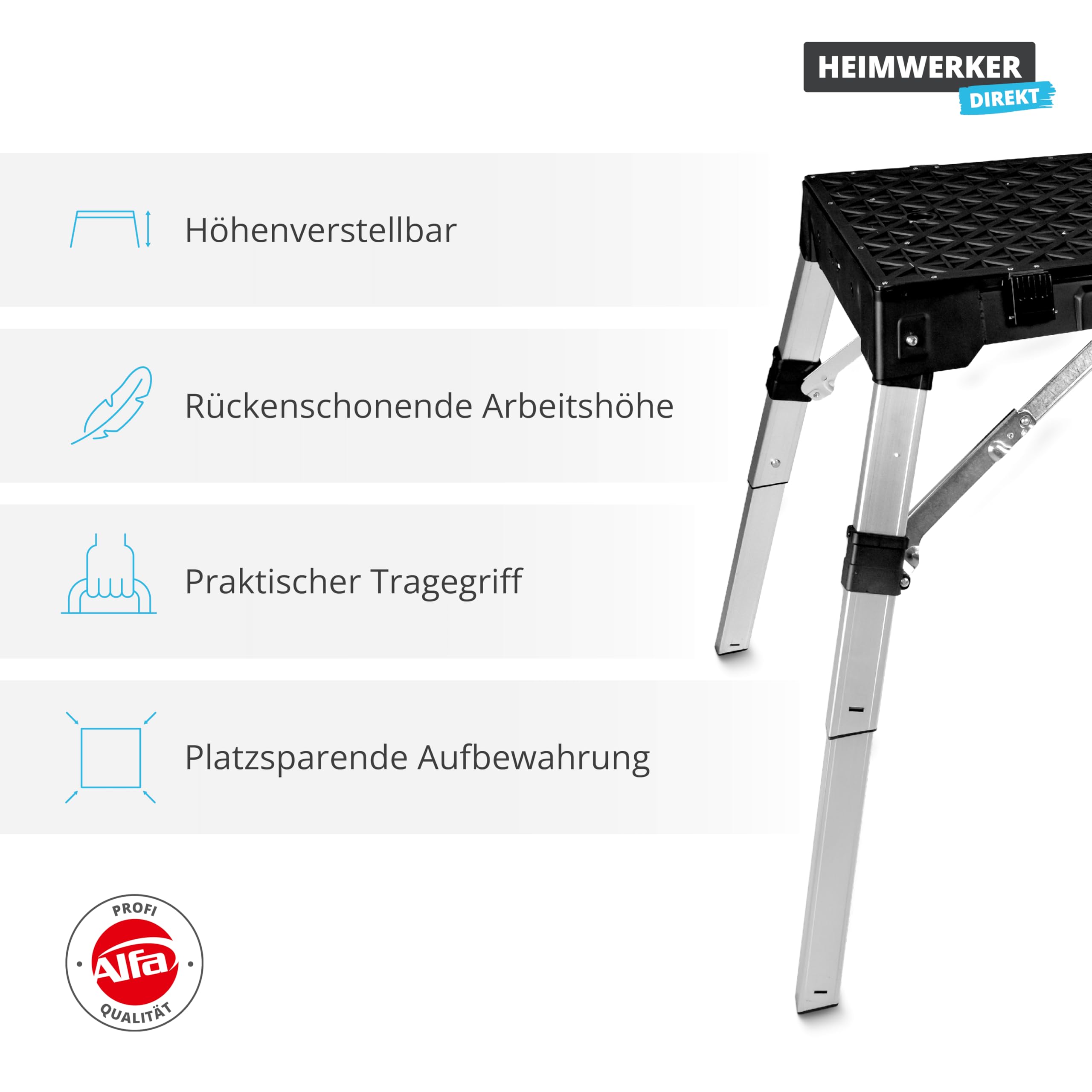Alfa Universal-Werkbank 4 in 1 – Rollbrett/Werktisch mit 85 cm Arbeitshöhe | Profi-Qualität – Mit Ablagefächern und wendbarer Arbeitsplatte – Höhenverstellbare Werkzeugbank