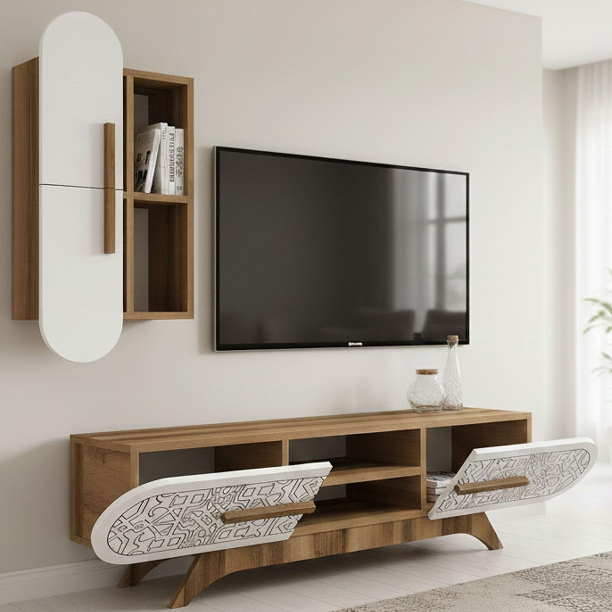 Dmora - Parete attrezzata Nemb, Composizione soggiorno, Mobile salotto multiuso, Armadio porta TV, 145x35h37 cm, Noce e Bianco