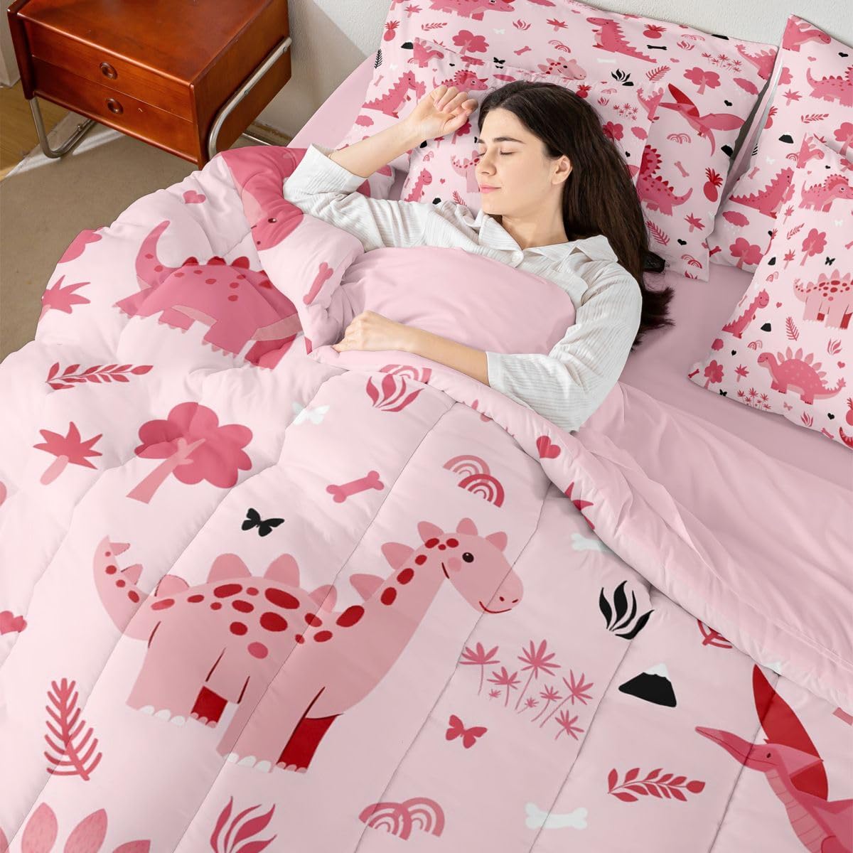 Feelyou Kids Pink Dinosaur Queen Comforter Set with Sheets for Kids Boys Girls Cute Dinosaur 7 Pieces Bedding Set Cartoon Animal Bed in a Bag Room Decor Soft Lightweight Microfiber