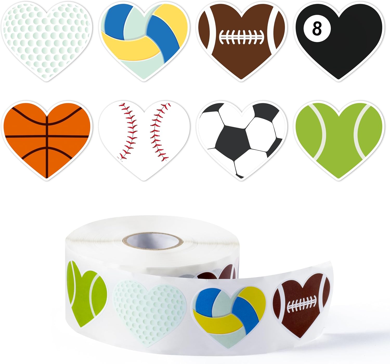 Waterproof Kids' Stickers Roll - 1000pcs Self-Adhesive Heart-Shaped Ball Sports Stickers Roll Gift Wraping Basketball Football Soccer Baseball Scrapbook Giftwrap Durability Gift Tags Label