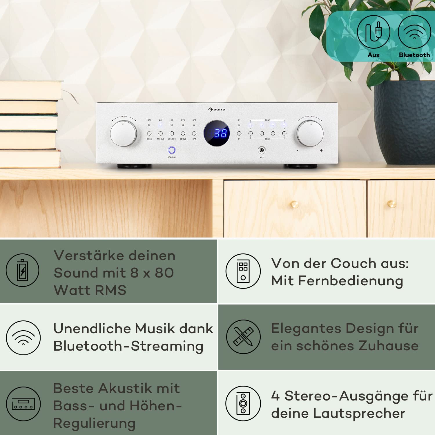 Auna Hi-Fi-Amplifier, 4-Channel Stereo-Amplifier & Lautsprecher mit Frequenzkontrolle - Dettaglio