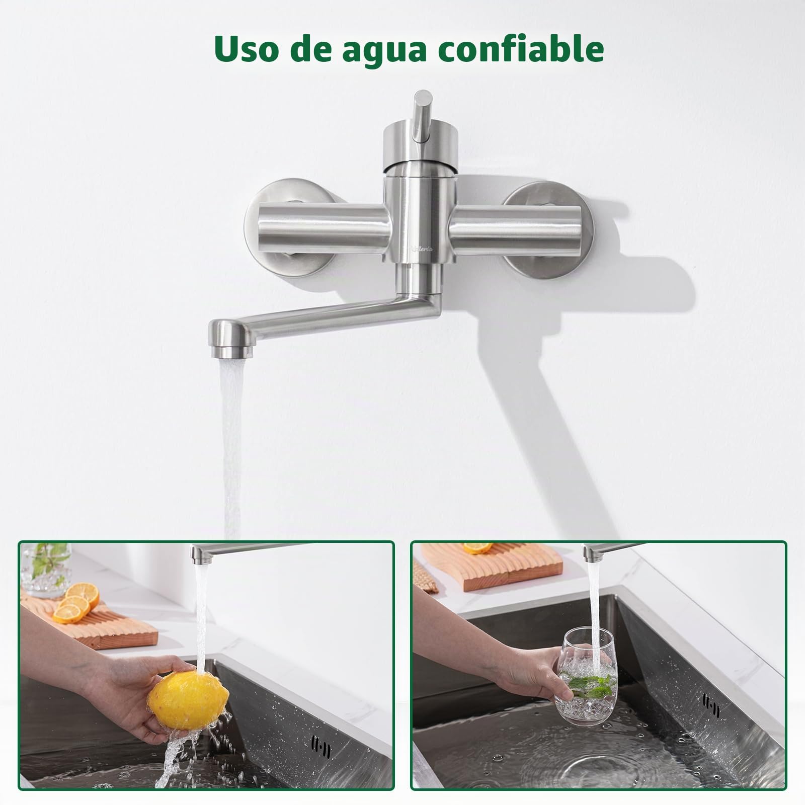 Grifo de Pared, Grifo de Cocina Montado en la Pared, Giratorio 360 Grados, Fabricado en Acero Inoxidable, Monomando para Fregadero, Agua Fría y Caliente, Acabado Cepillado