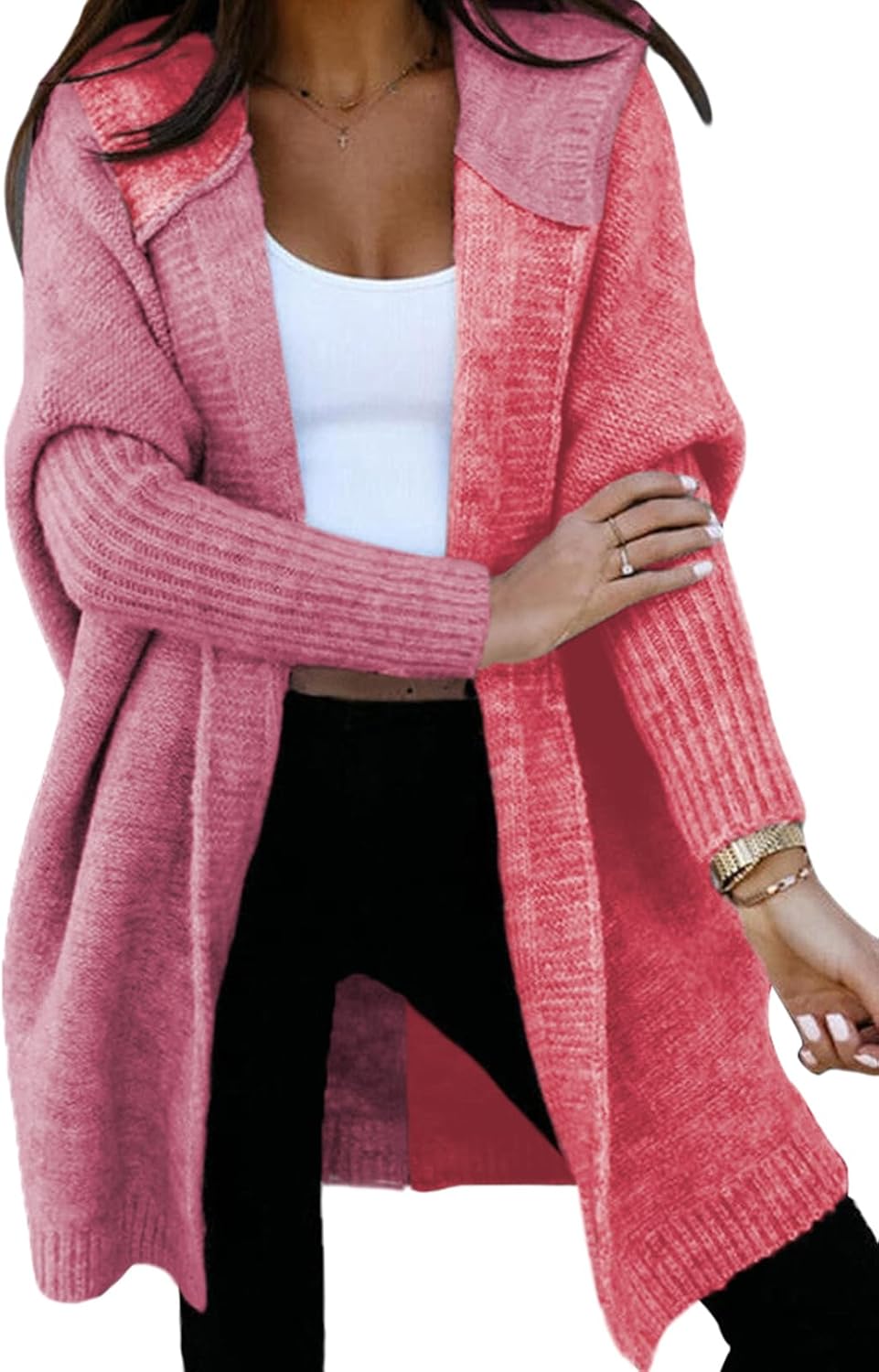 Astylish Women 2025 Fall Outfits Open Front Long Sleeve Hooded Knit Cardigan Sweaters Color Block Outwear Coats