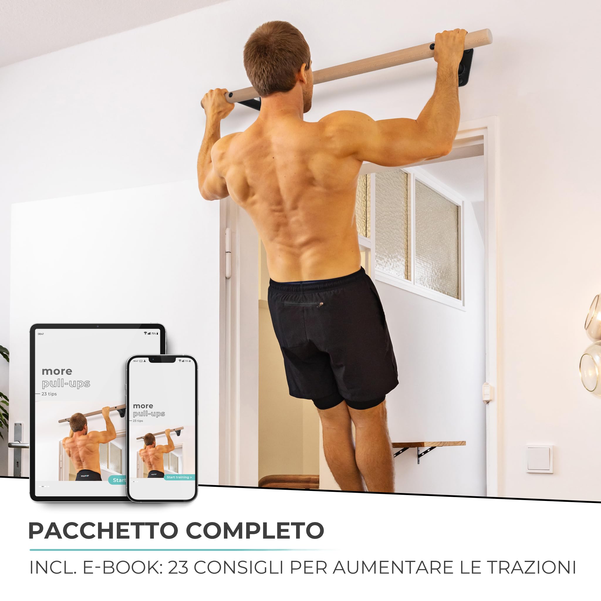 PULLUP & DIP barra per trazioni in legno di faggio – da fissare a parete sopra il telaio della porta – barra 40 mm per trazioni e forza di presa – barra da parete per palestra domestica
