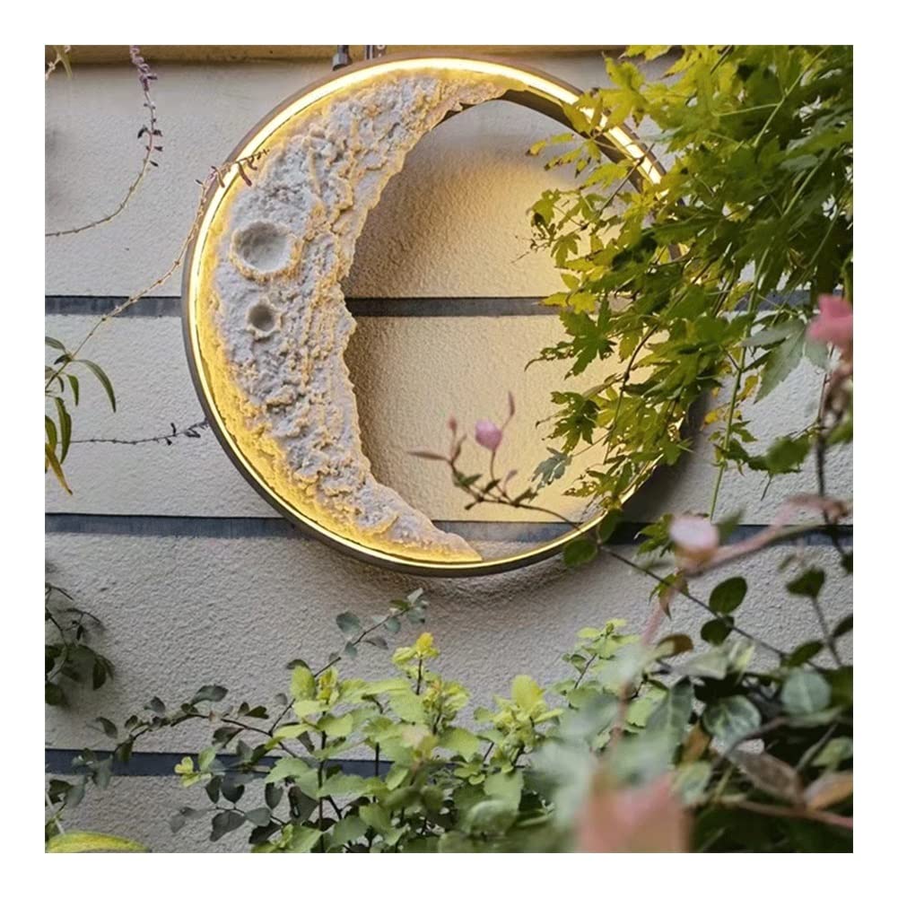 Outdoor Wall Lights Creative Moon Porch Wall Lamp Outdoor Waterproof Led Wall Sconces Resin Round Exterior Lighting Fixture For Villa Hotel Stairs Front Door Yard Garage -Warm Light-40cm/15.75in
