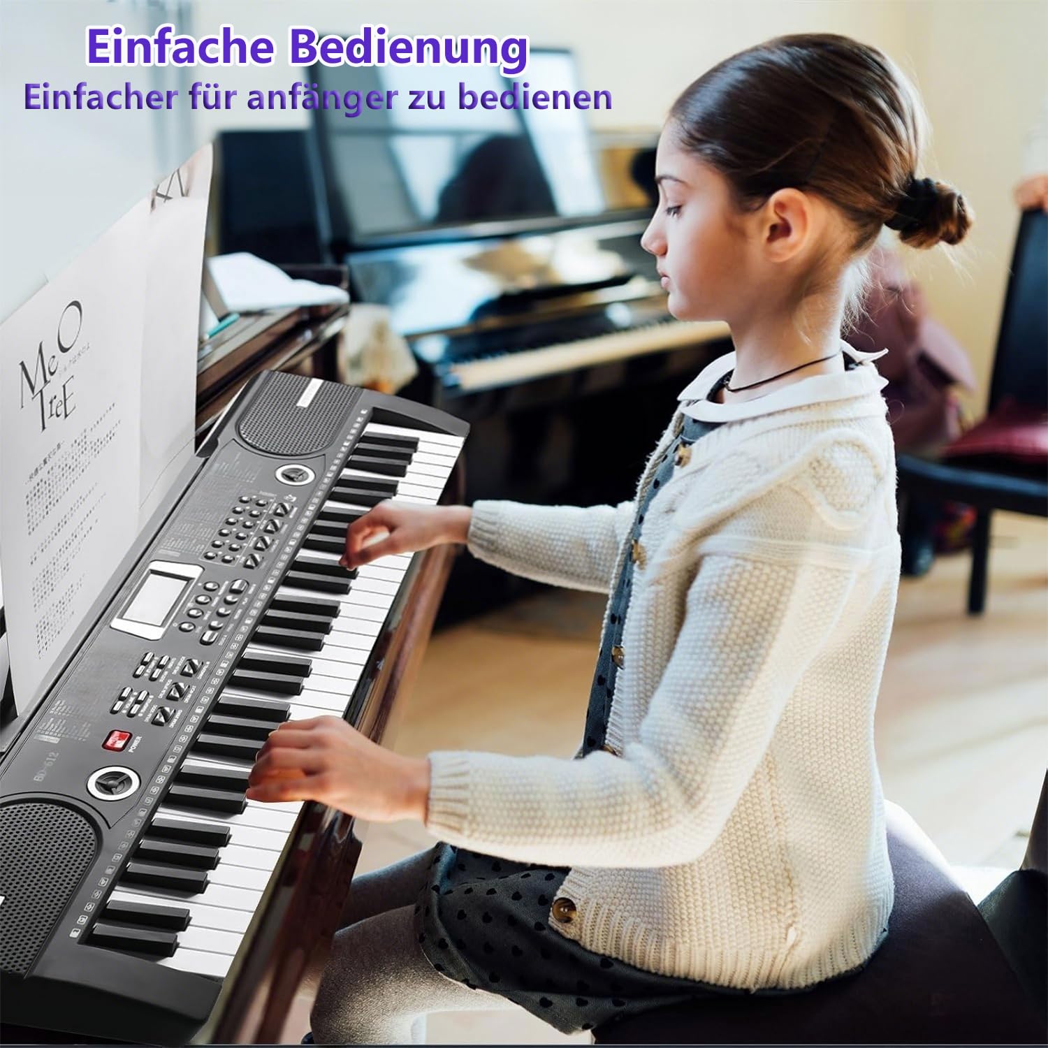 Keyboard Piano 61 Tasten für Kinder Anfänger, Digital Piano Set mit Ständer Sitzbank Kopfhörer Mikrofon Notenablage, Schwarz