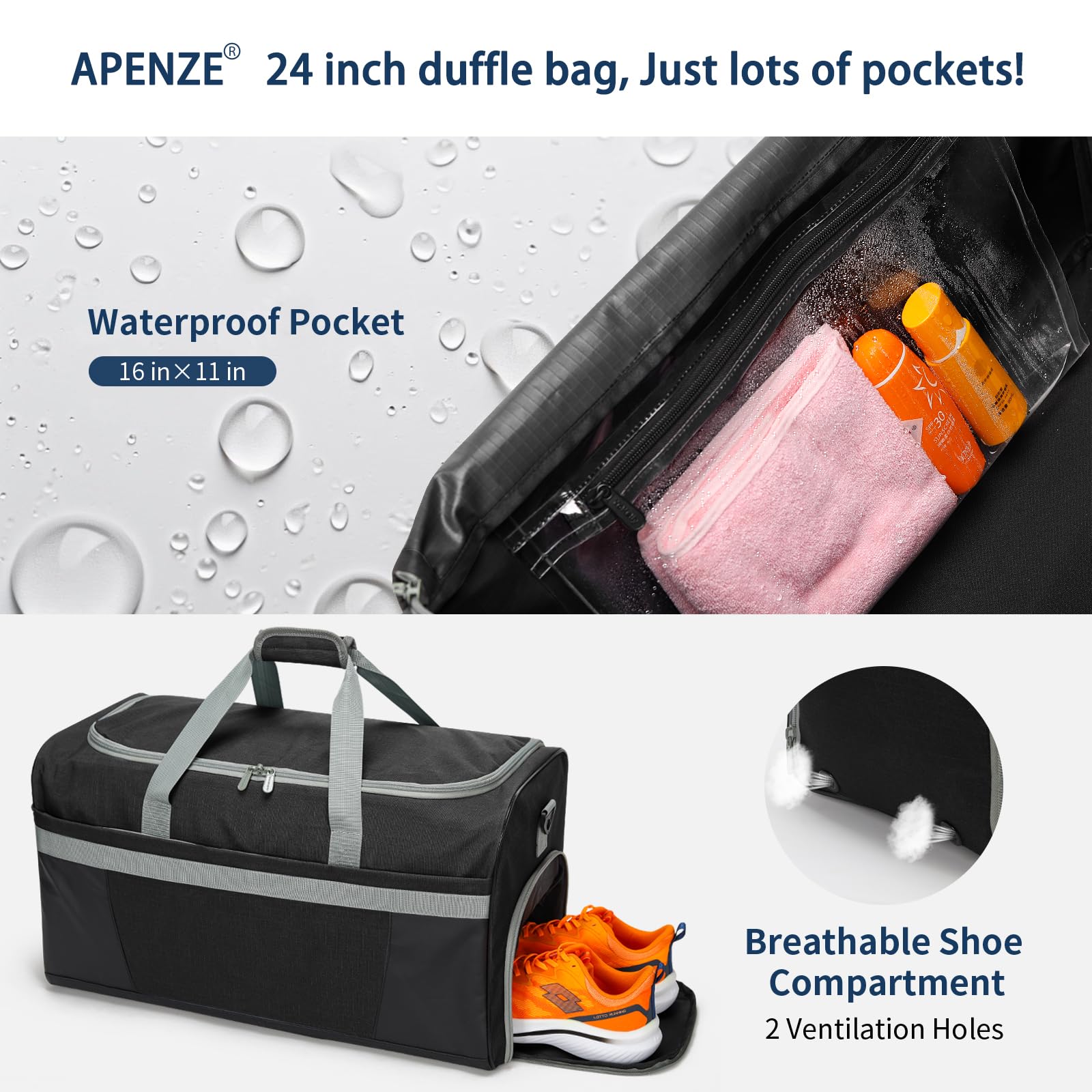 Apenze Bolsa deportiva de gimnasio para hombre de 65 L con compartimento para zapatos y mojados, Black, Bolsa de gimnasio para hombre