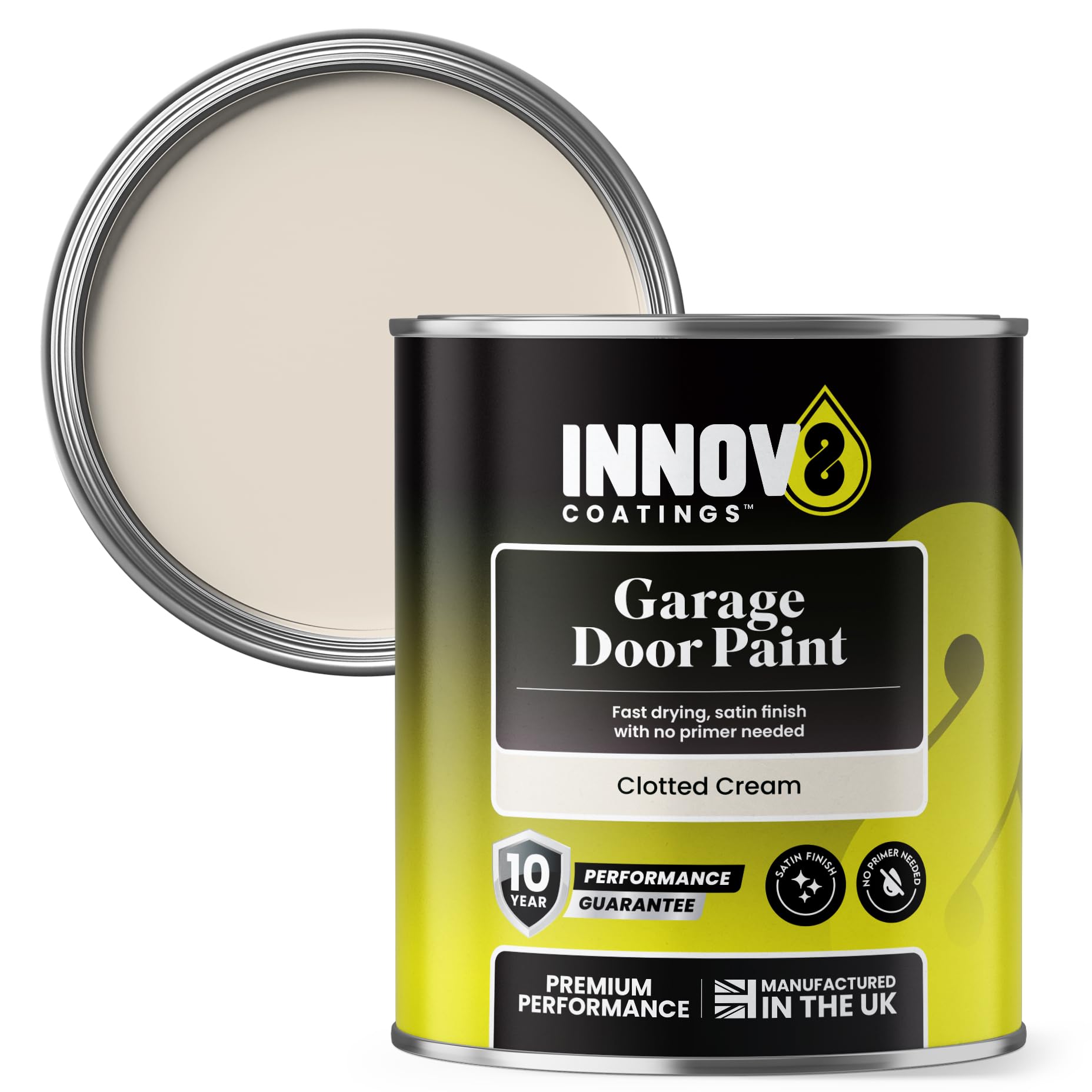 INNOV8 COATINGS GARAGE DOOR PAINT - 750 ml - DIY - NO PRIMER OR TOP COAT - SATIN - FAST DRY - EXTERIOR DOOR PAINT - Metal & uPVC - Clotted CREAM - Industrial Roller Shutters